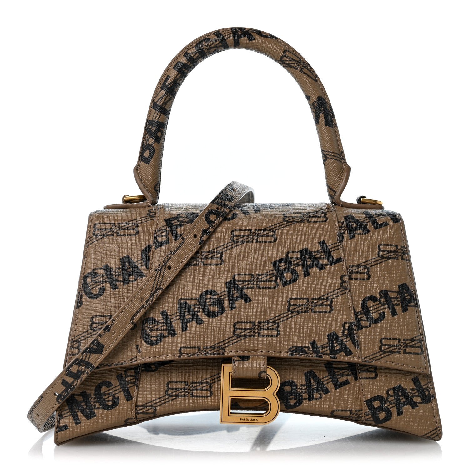 Balenciaga Coated Canvas BB Monogram Logo Print Small Hourglass Top Handle Bag Beige Brown Black