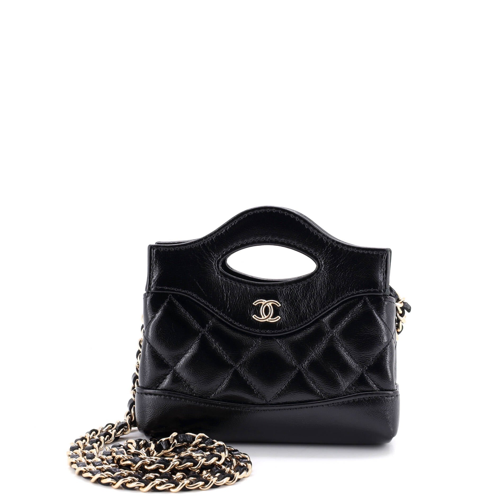 31 Shopping Bag Clutch with Chain Quilted Shiny Crumpled Calfskin Nano