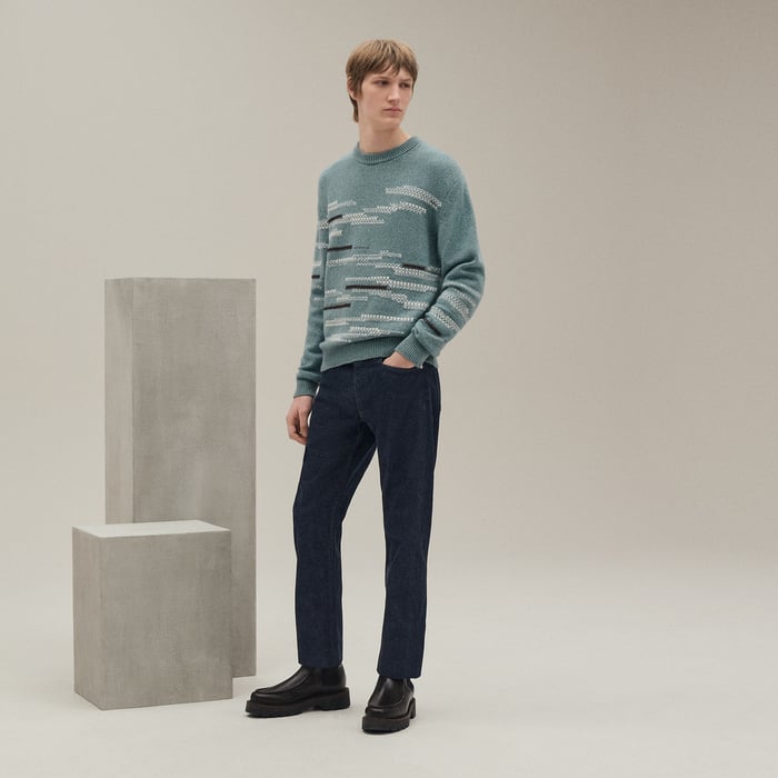 Céladon Chiné Cashmere "Cachemire Detail Cuir" Crewneck Sweater
