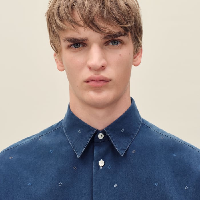 Indigo Lavé "Calligraphie Equestre Jacquard" Fitted Shirt With Louis Collar