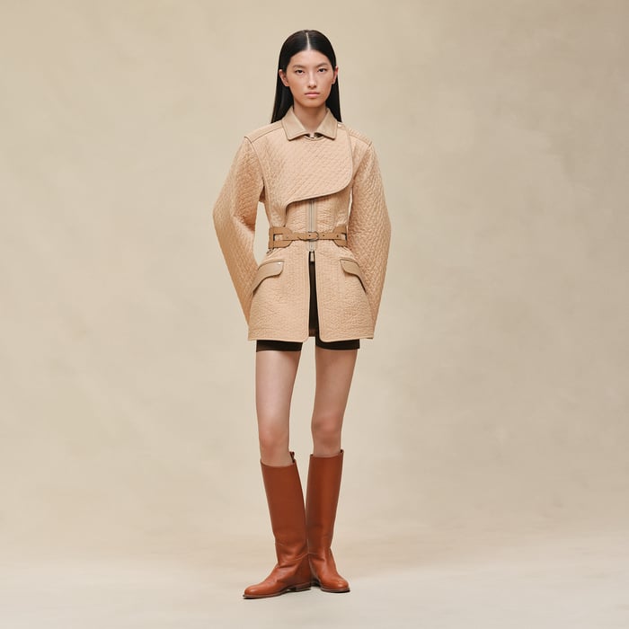 Beige Cajou Short Coat With Leather Details