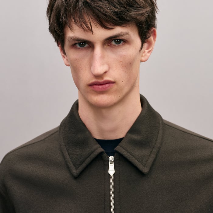 Taupe Cashmere Zipped Straight Cut Jacket With Leather Details