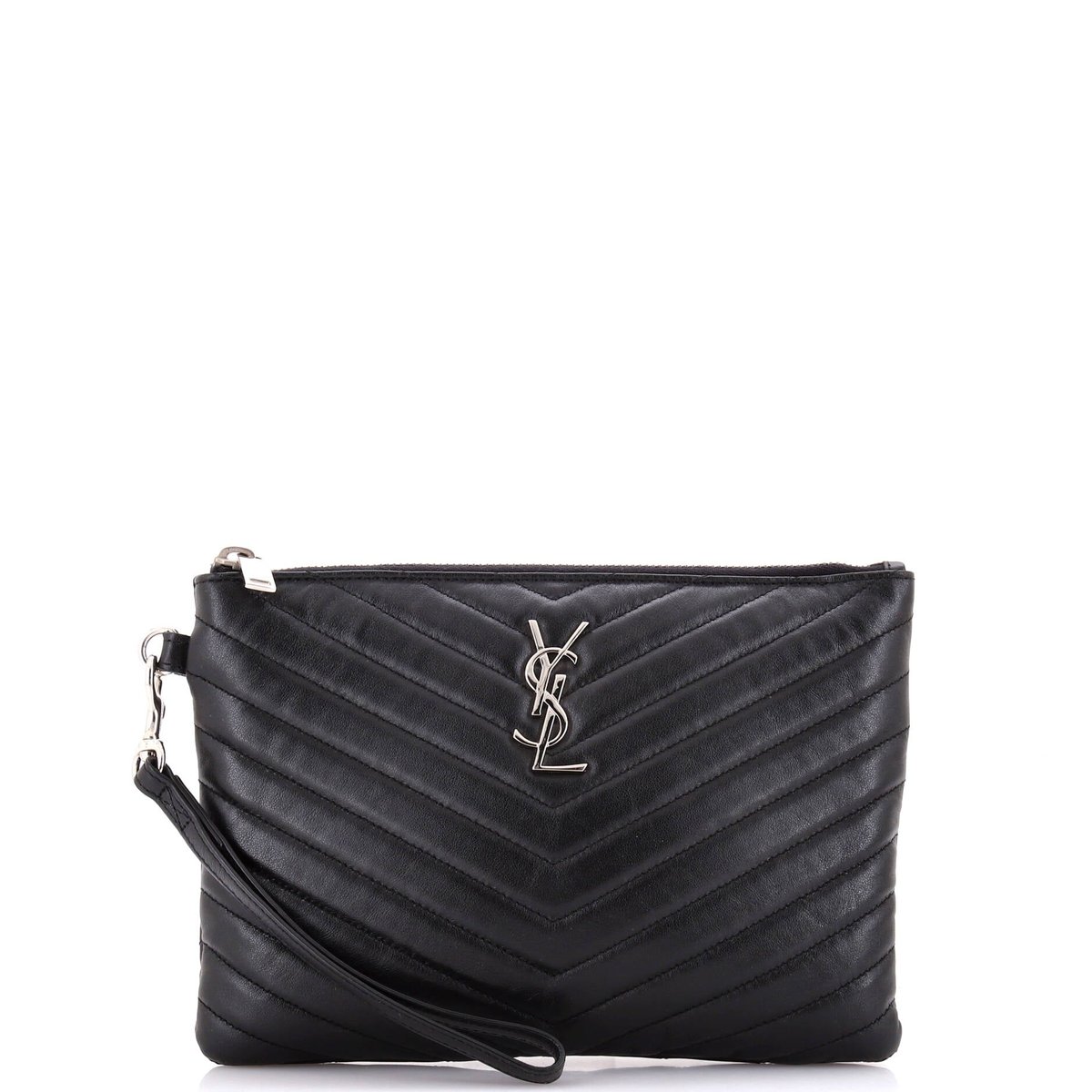 Saint Laurent Classic Monogram Wristlet Pouch Matelasse Chevron Leather Small