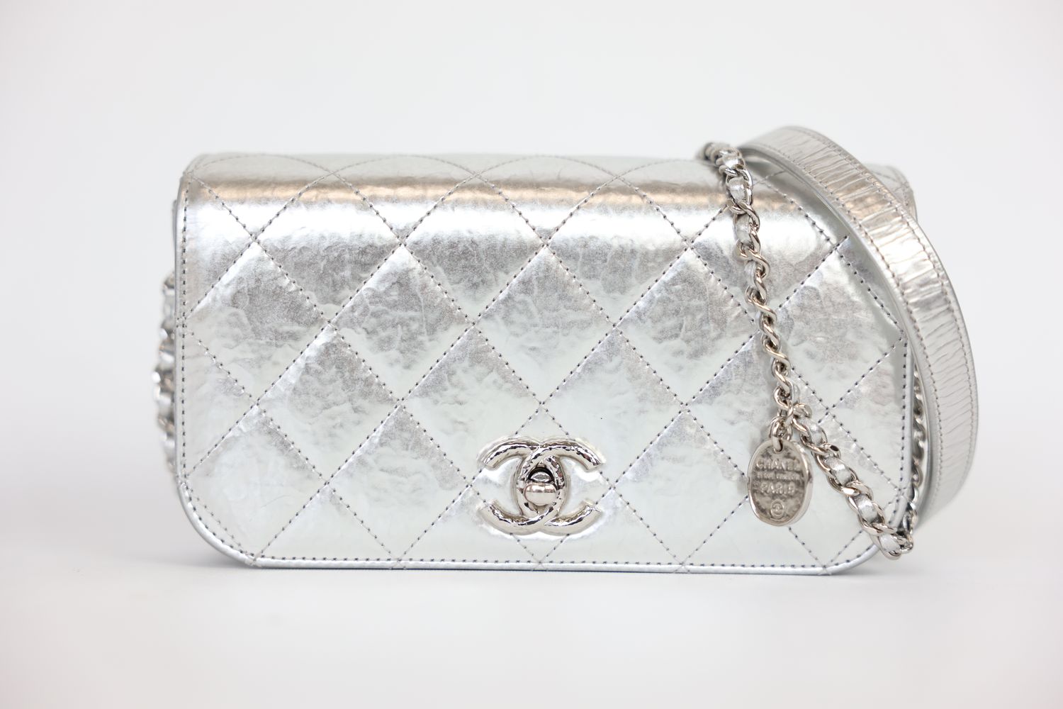 Chanel Hammered Flap Mini Bag, Metallic Silver Aged Calfskin and Hardware, Preowned in Dustbag WA001