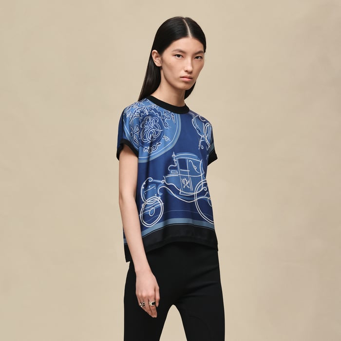 Bleu Lagune "Ex-libris a Main Levee" Short-sleeve Twillaine Sweater