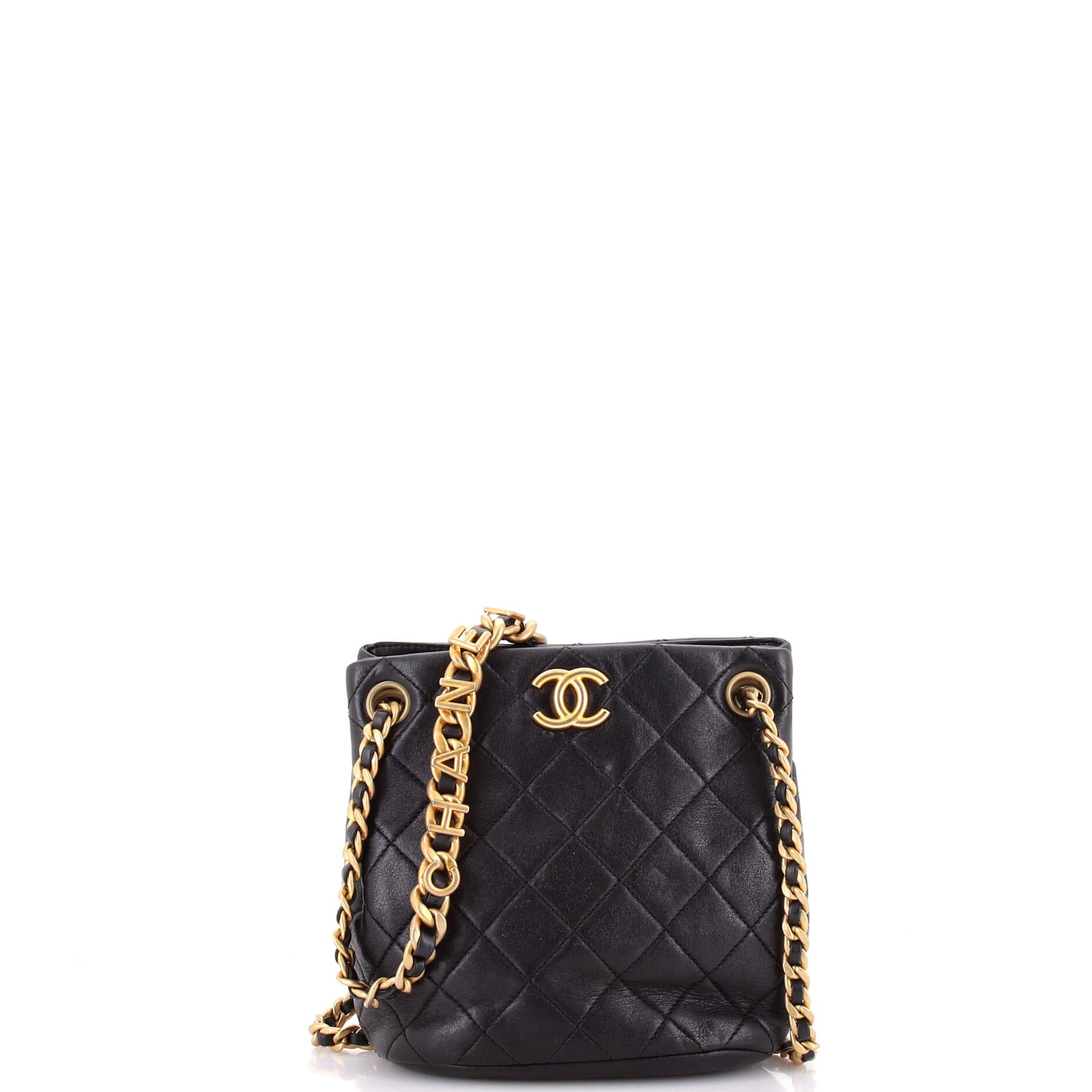 Logo Letters Drawstring Chain Bucket Bag Quilted Goatskin