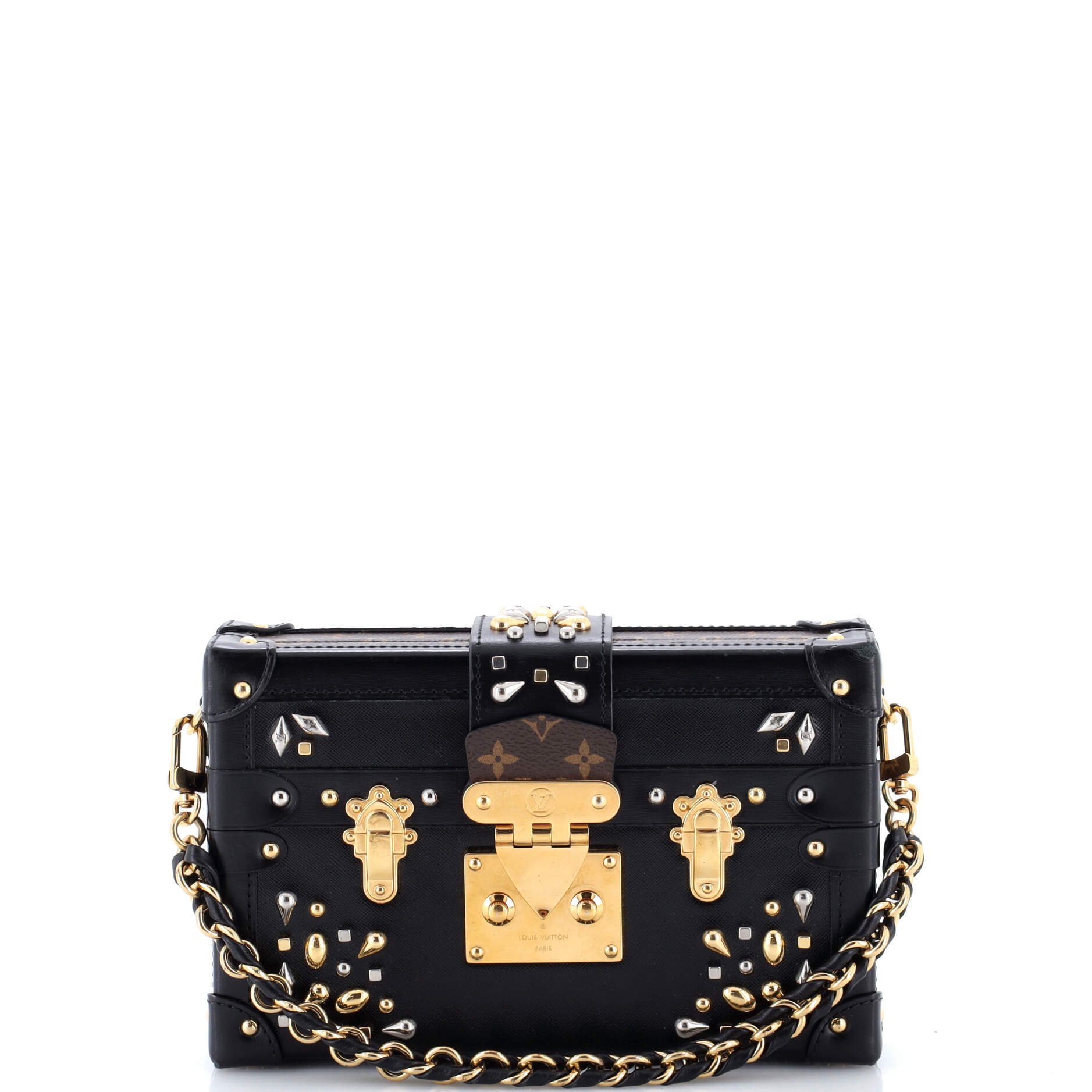 Louis Vuitton Petite Malle Handbag Studded Taiga Leather and Monogram Canvas