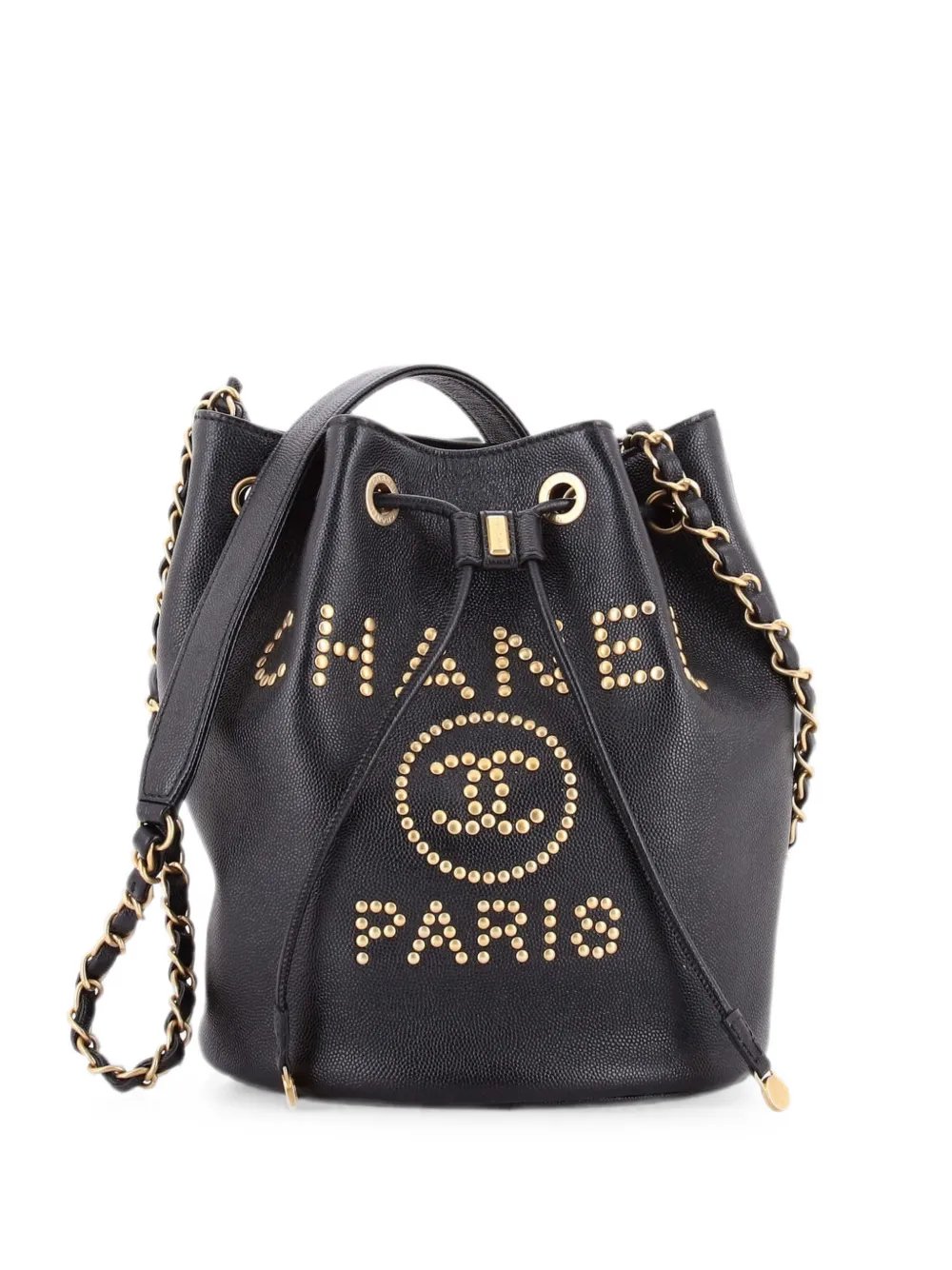 Deauville Drawstring Studded Caviar Medium bucket bag