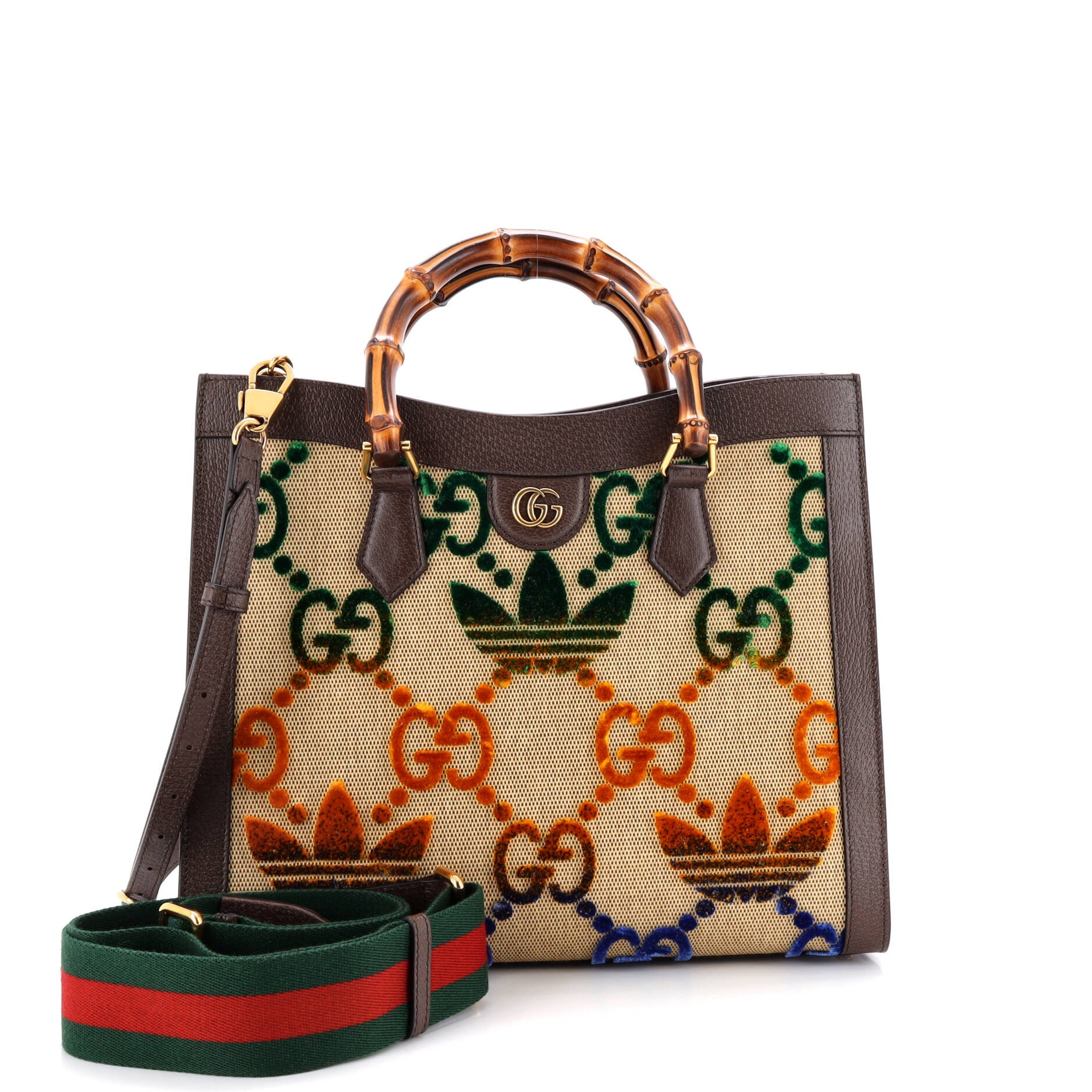 Gucci x adidas Diana NM Bamboo Handle Tote Velvet GG Trefoil Canvas Medium
