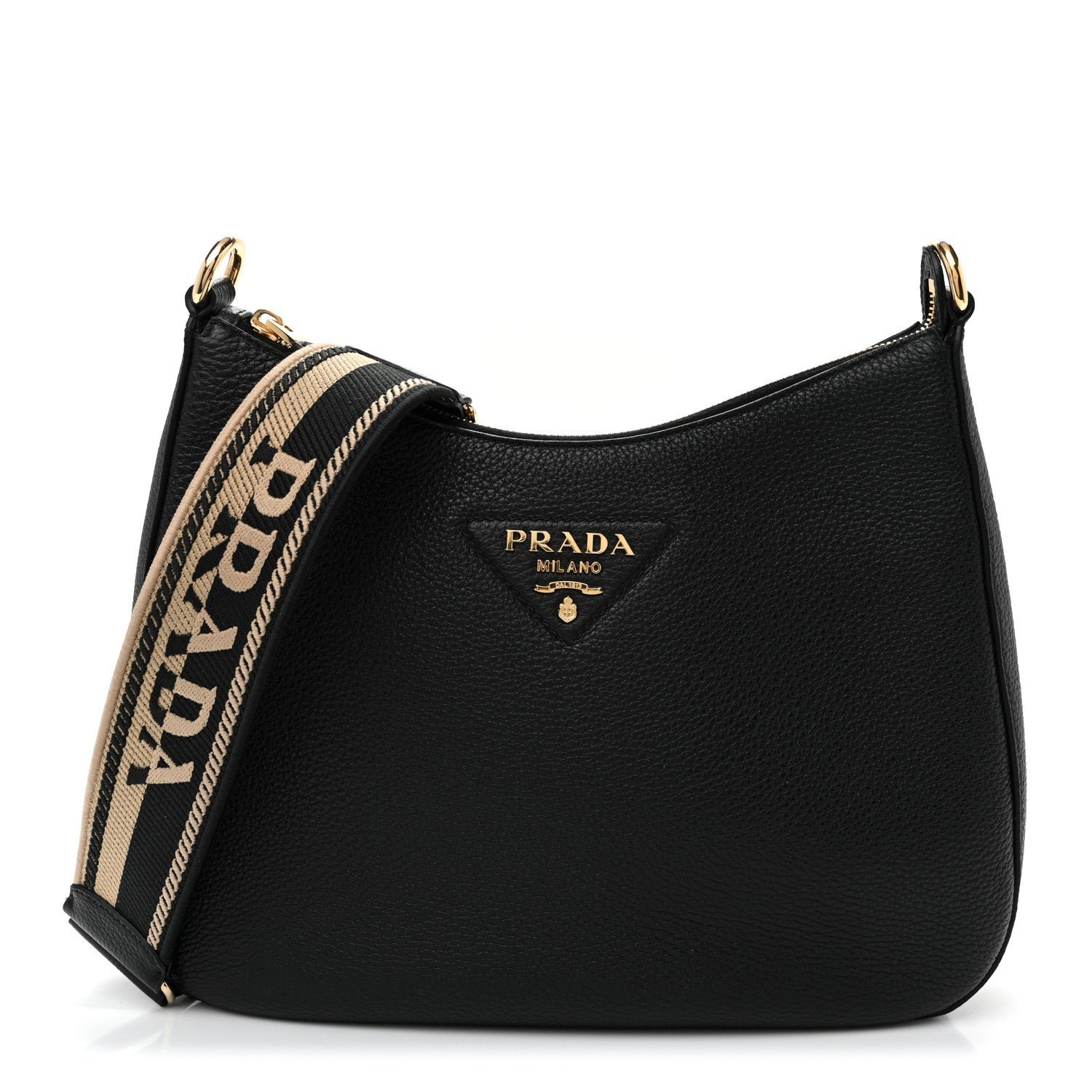 Prada Vitello Daino Soft Large Zippered Messenger Hobo Black