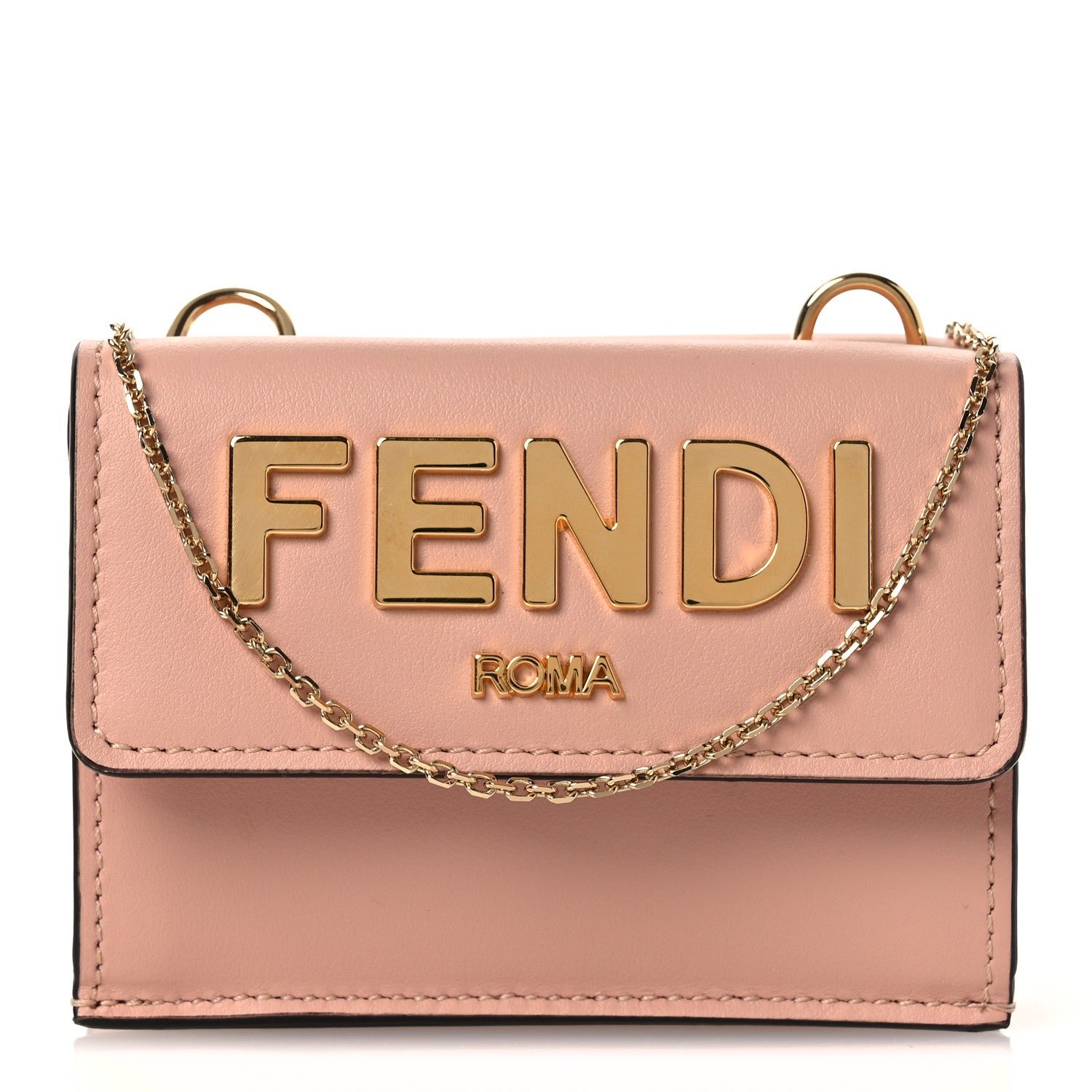 Fendi Vitello Kyoto Metal Fendi Roma Logo Micro Trifold Wallet with Chain Light Rose