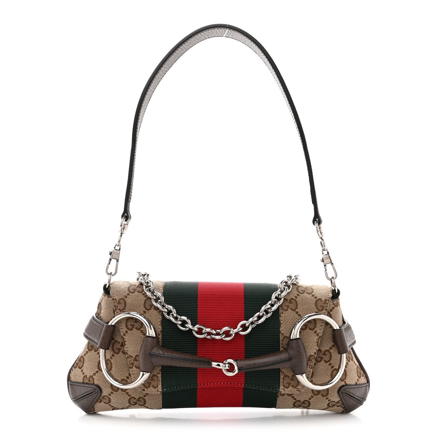 Gucci Monogram Textured Dollar Calfskin Heavy Grosgrain Web Small Maxi Horsebit Chain Shoulder Bag Beige Ebony New Acero