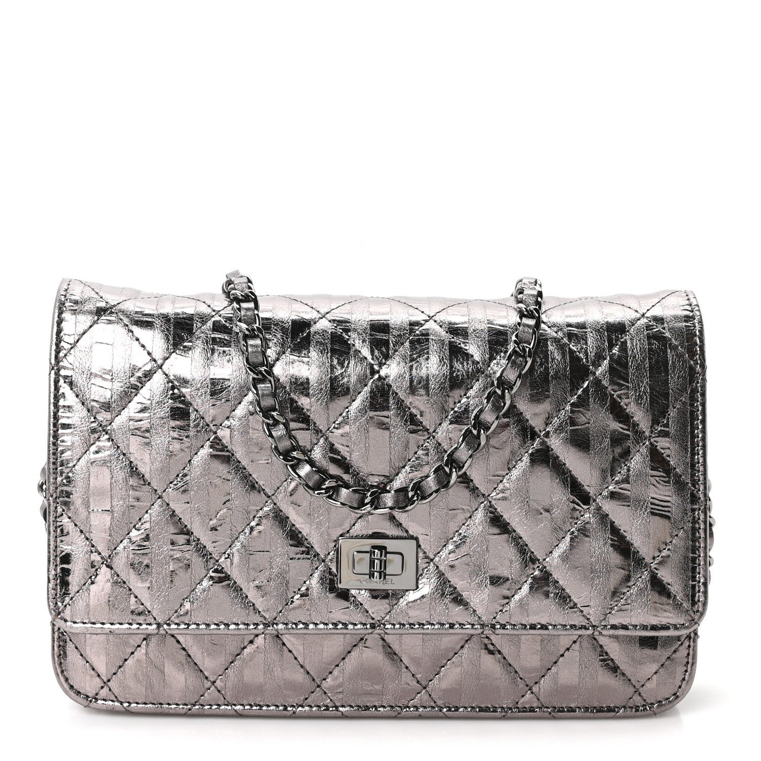 Chanel Metallic Striped Calfskin Reissue Wallet On Chain WOC Silver