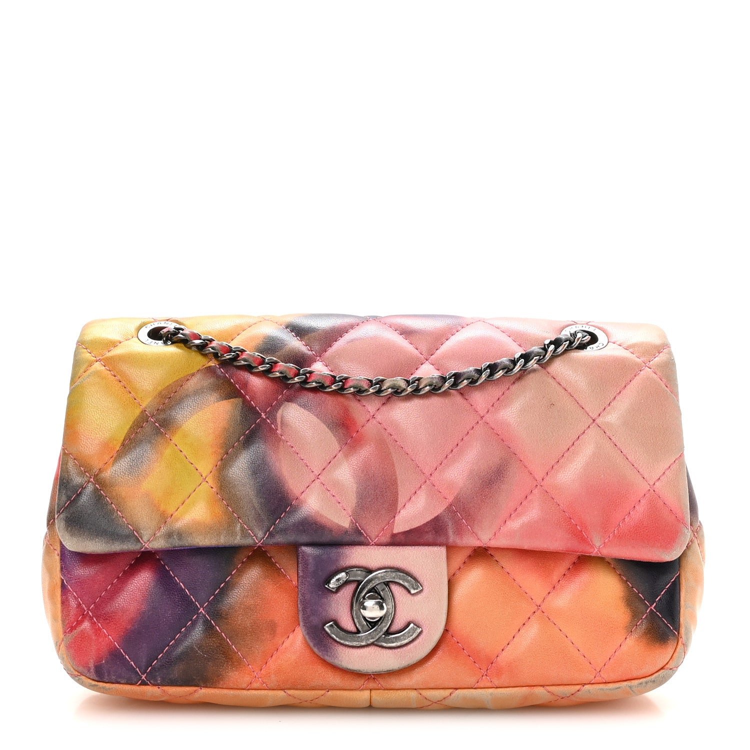 Chanel Printed Lambskin Quilted Small Flower Power Flap Ecru Orange Red Purple