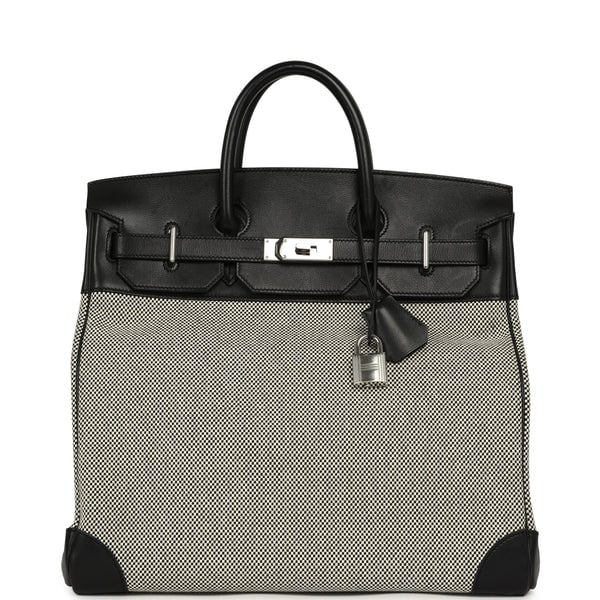 Hermes Pre-owned Hermes Birkin HAC 40 Black Evercolor, Ecru-Black Criss Cross Toile Canvas Palladium Hardware