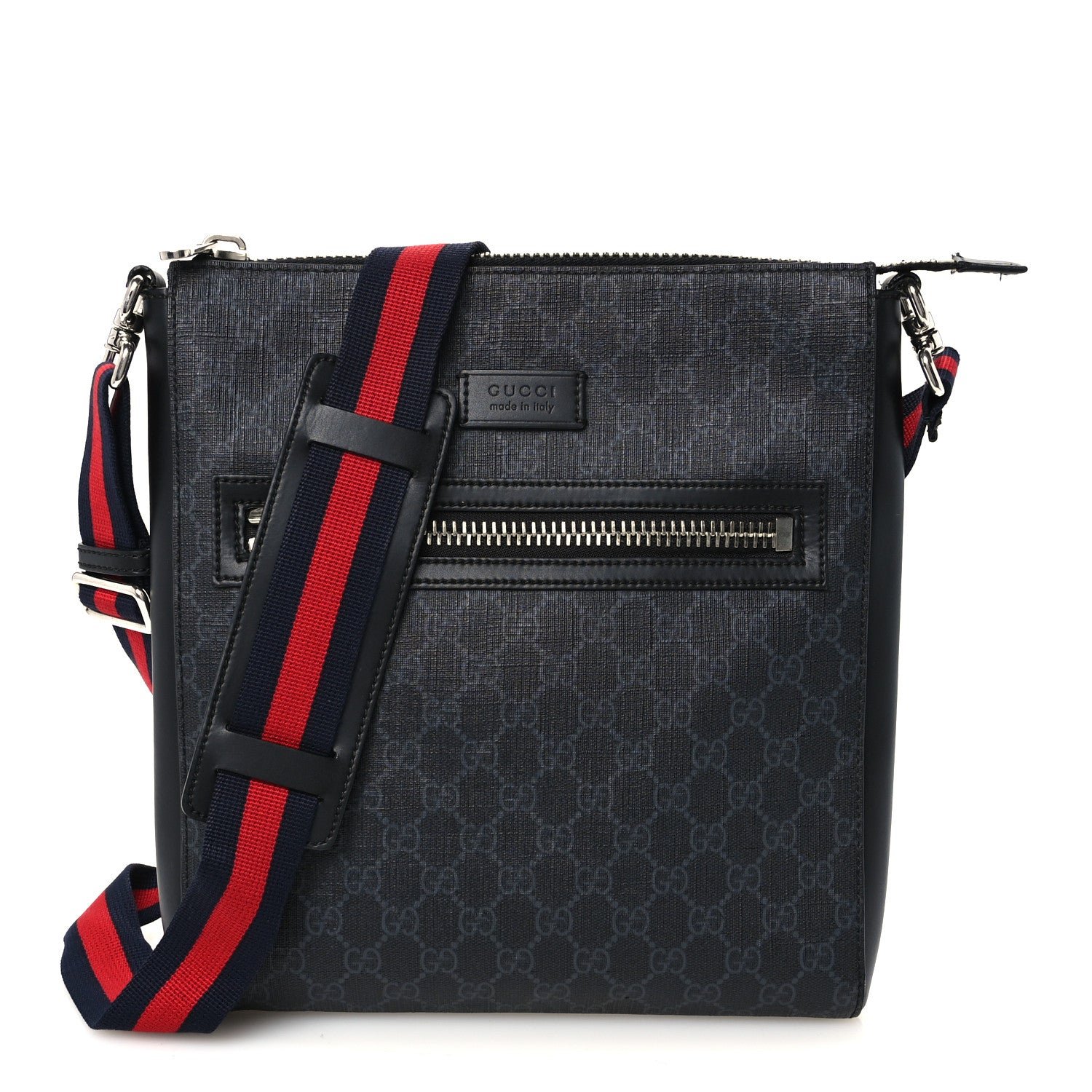 Gucci GG Supreme Monogram Appia Calfskin Web Flat Messenger Bag Black Grey