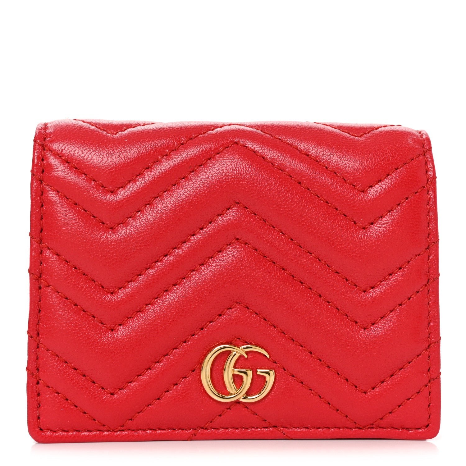 Gucci Calfskin Matelasse GG Marmont Card Case Wallet Bright Red
