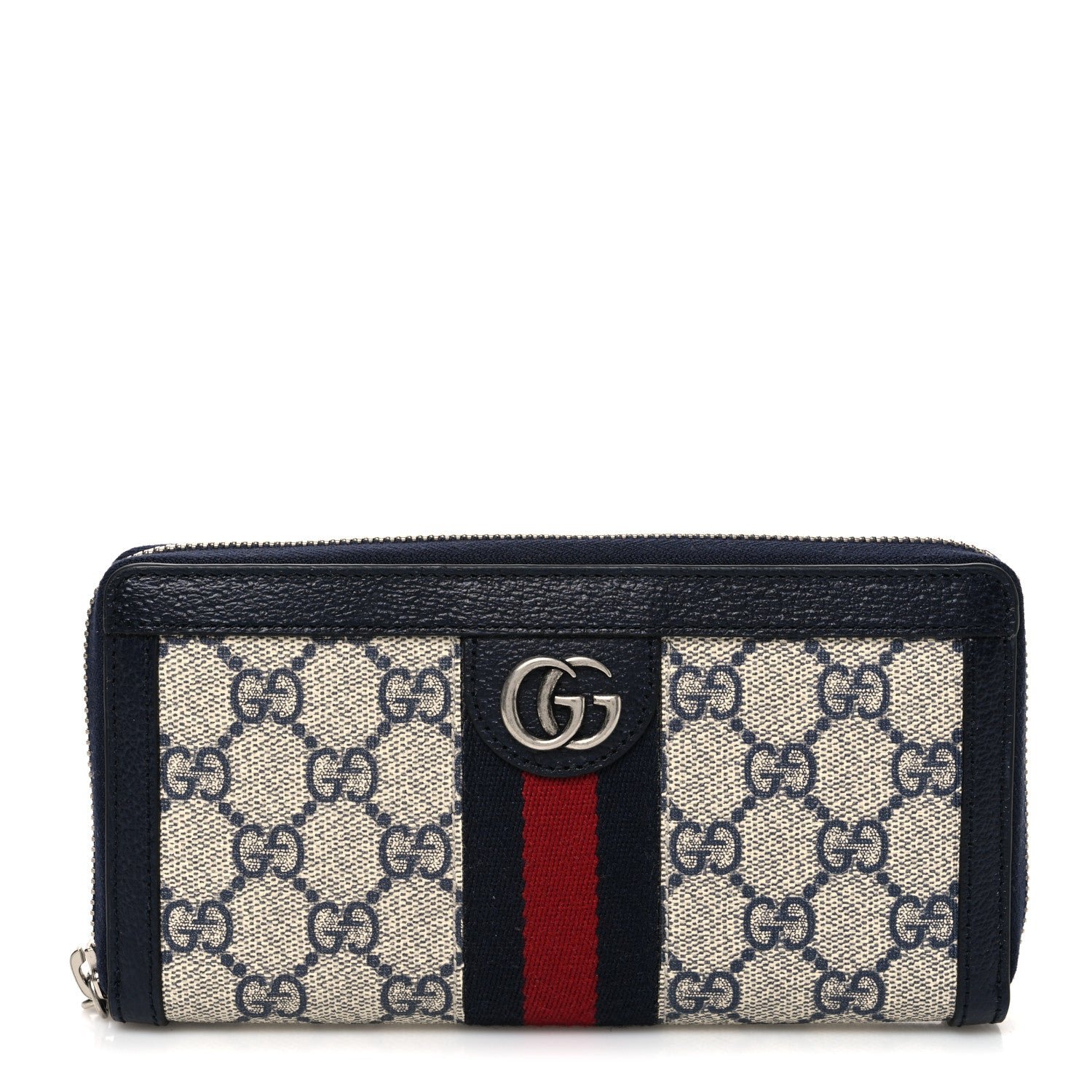Gucci GG Supreme Monogram Textured Dollar Calfskin Web Ophidia Zip Around Wallet Beige Blue