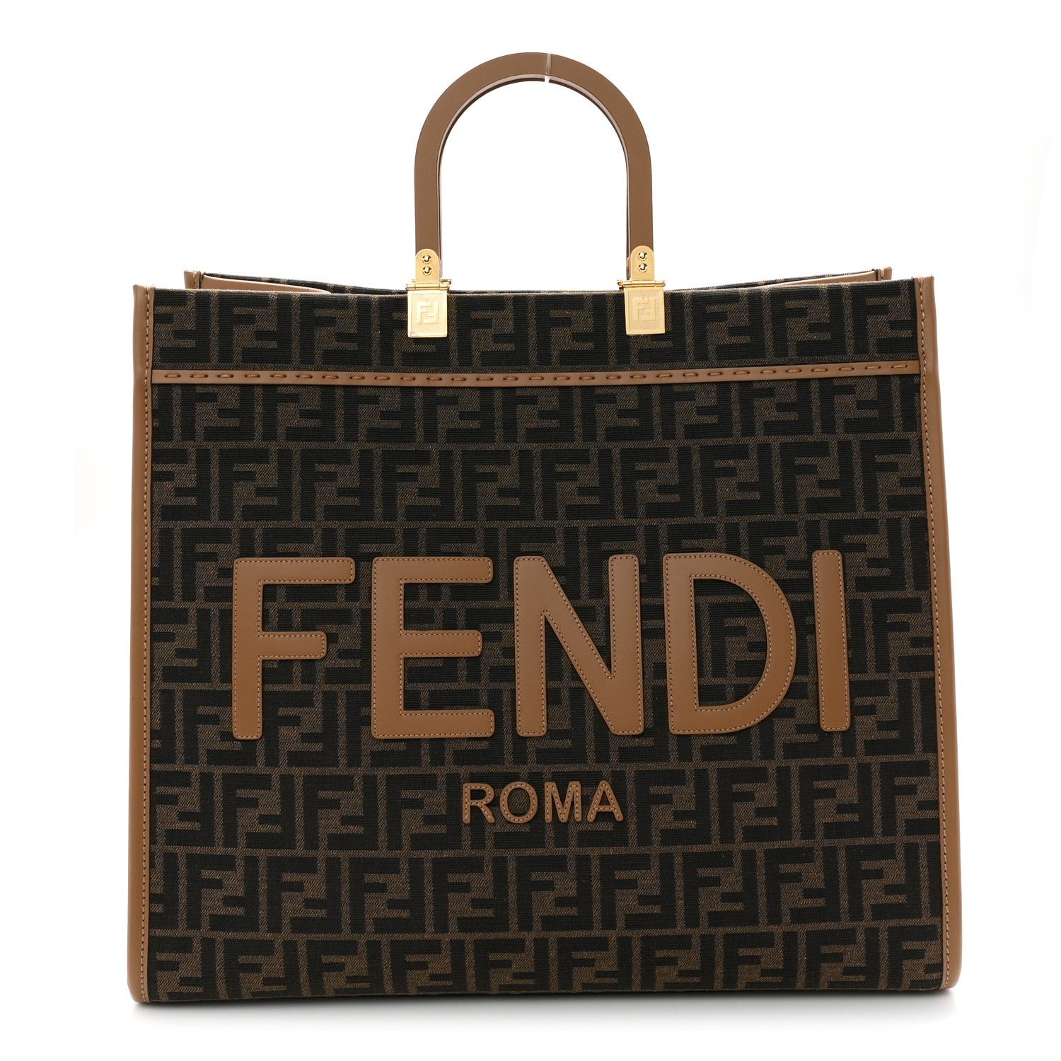 Fendi Fabric Jacquard FF 1974 Logo Large Fendi Sunshine Shopper Tote Tobacco Moro Sand