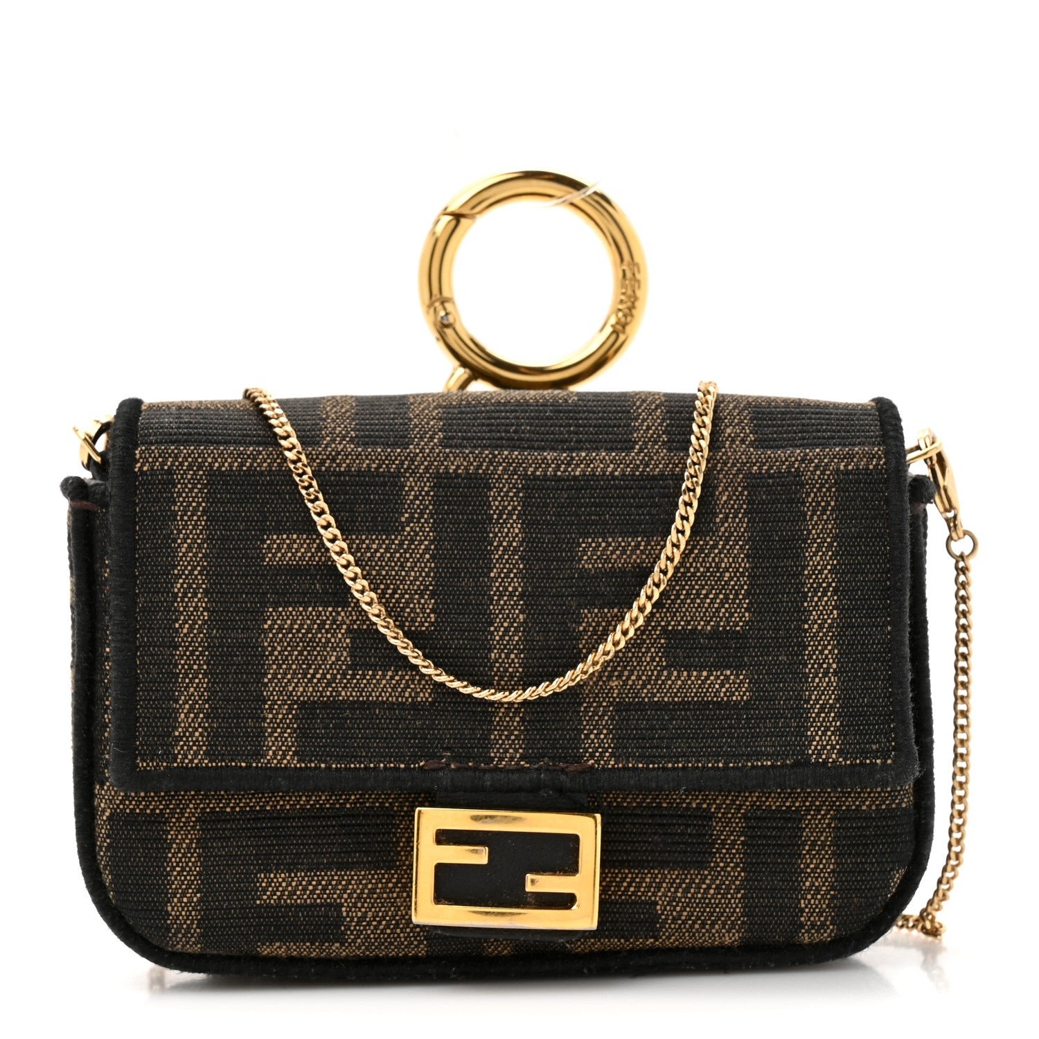 Fendi Fabric Jacquard FF 1974 Nano Baguette Charm Tobacco Moro Black