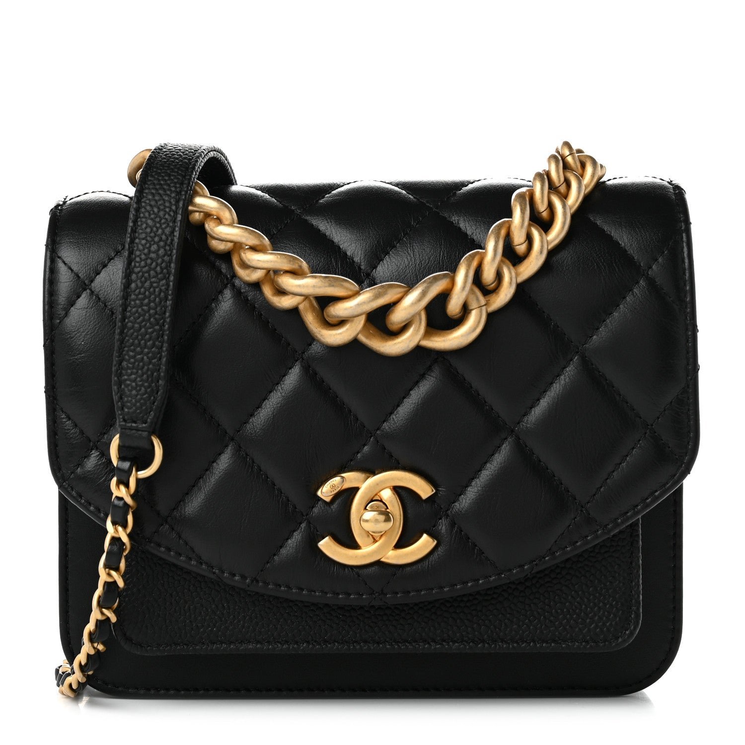 Chanel Calfskin Caviar Quilted Mini Chain Handle Flap Black