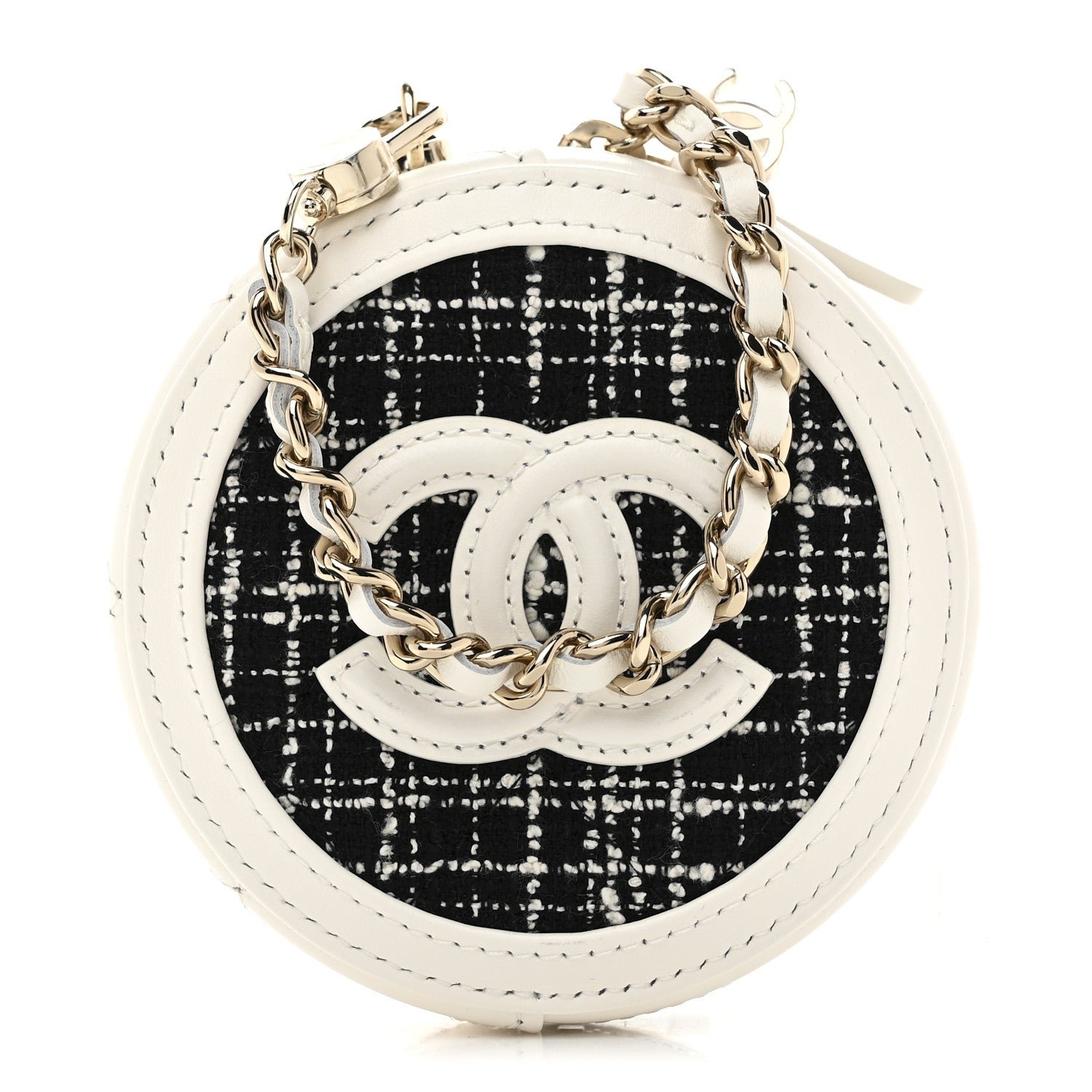 Chanel Tweed Quilted Round Filigree Pouch With Chain White Black