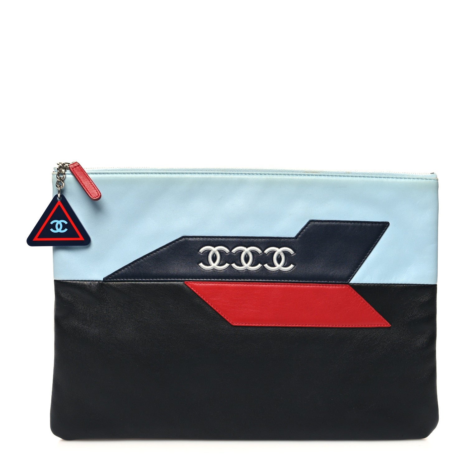 Chanel Lambskin Large Airline Zipper Cosmetic Case Blue Black Red
