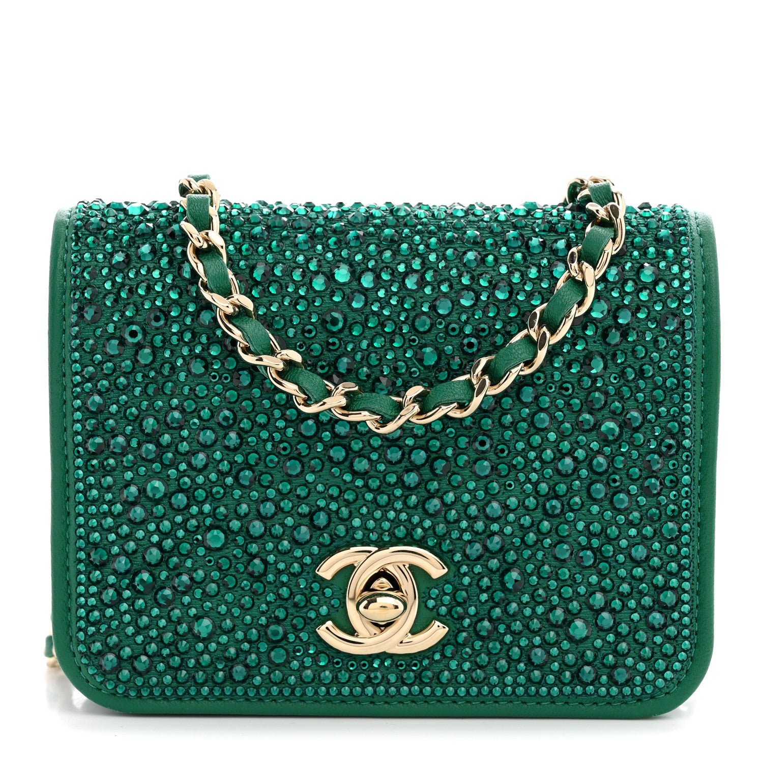 Chanel Lambskin Crystal Diamante Clutch With Chain Green