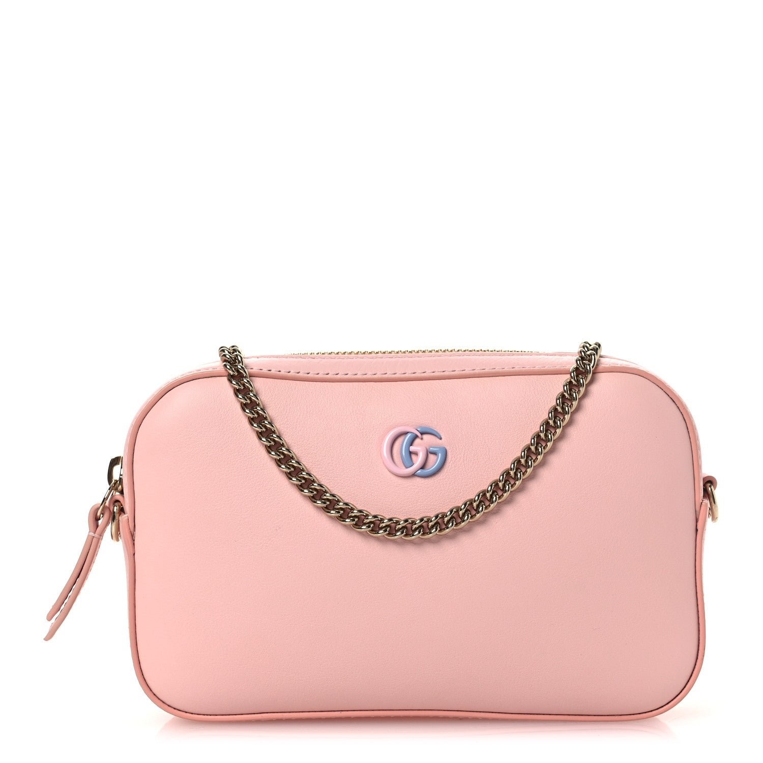 Gucci Dollar Calfskin Enamel Super Mini GG Marmont Chain Shoulder Bag Light Pink Blue