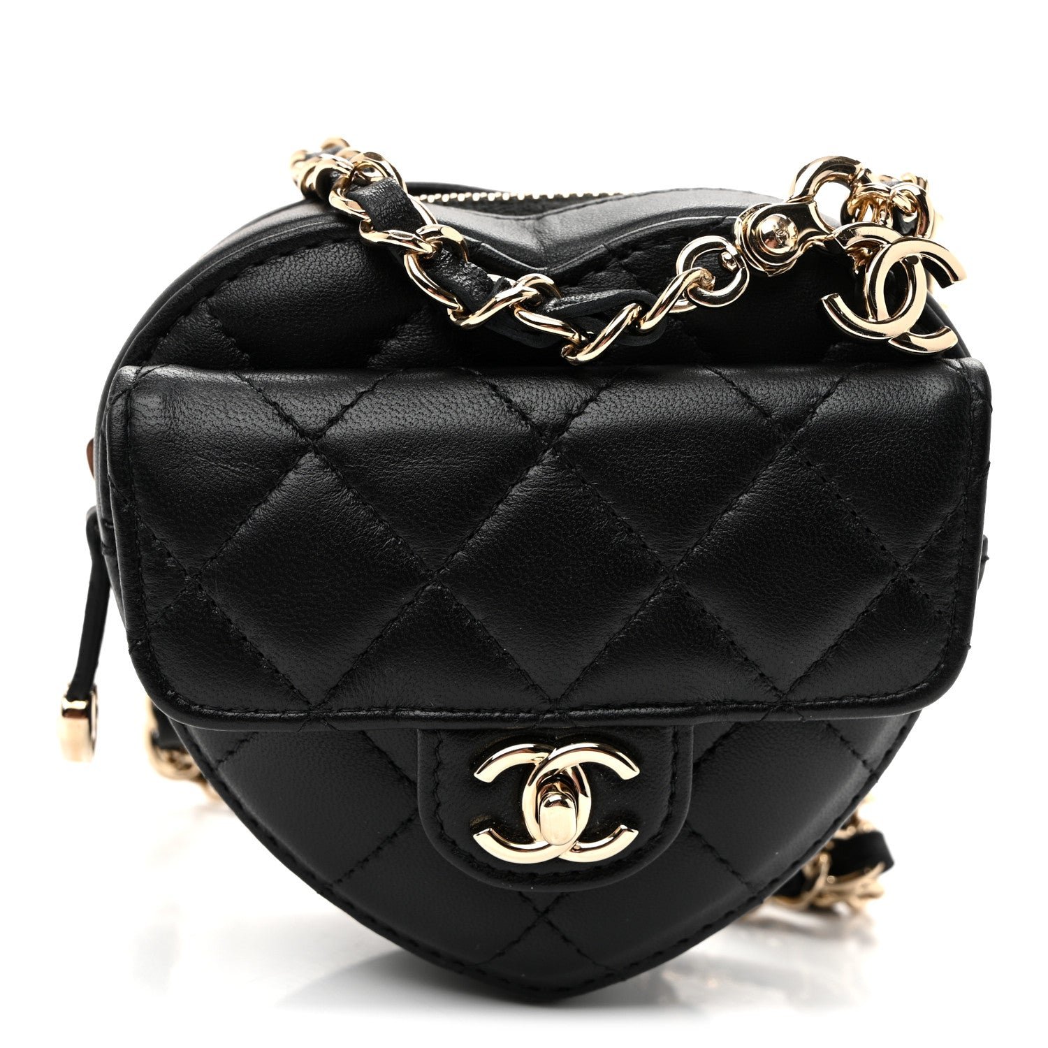 Chanel Lambskin Quilted CC In Love Heart Waist Belt Bag With Chain Black