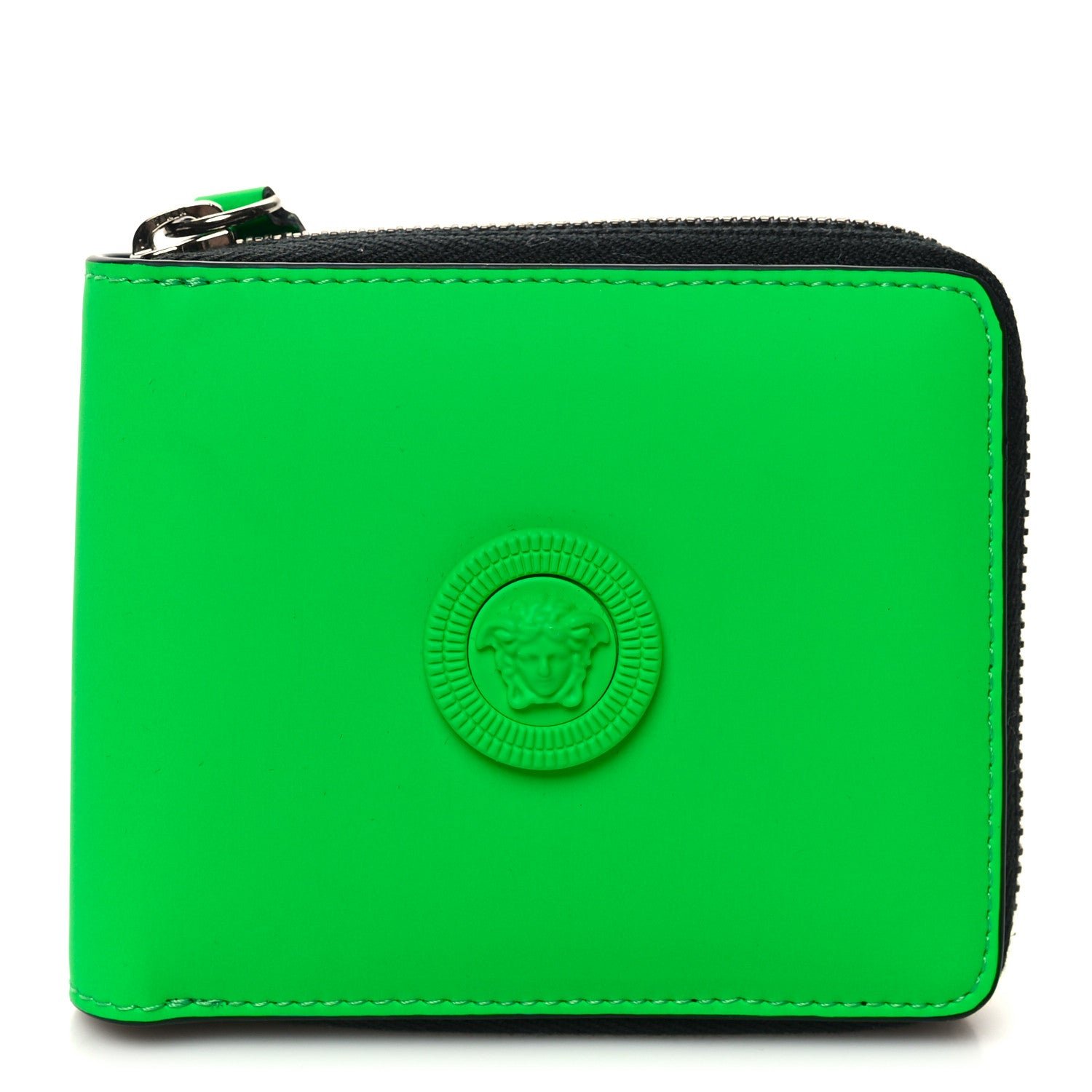 Versace Calfskin Rubber Medusa Biggie Bifold Compact Zip Around Wallet Lime