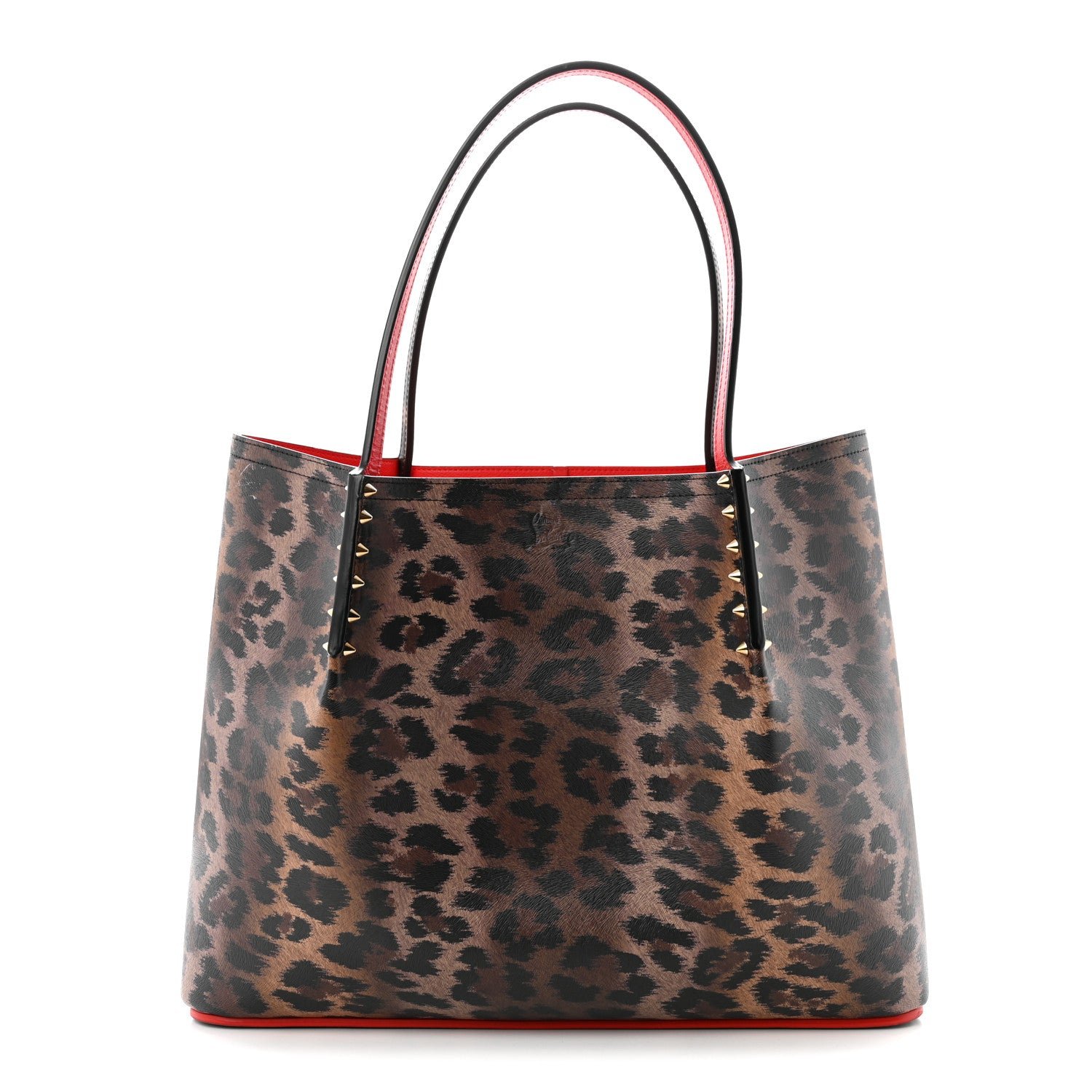 Christian Louboutin Calfskin Empire Leopard Print Spiked Large Cabarock Shopper Tote Brown