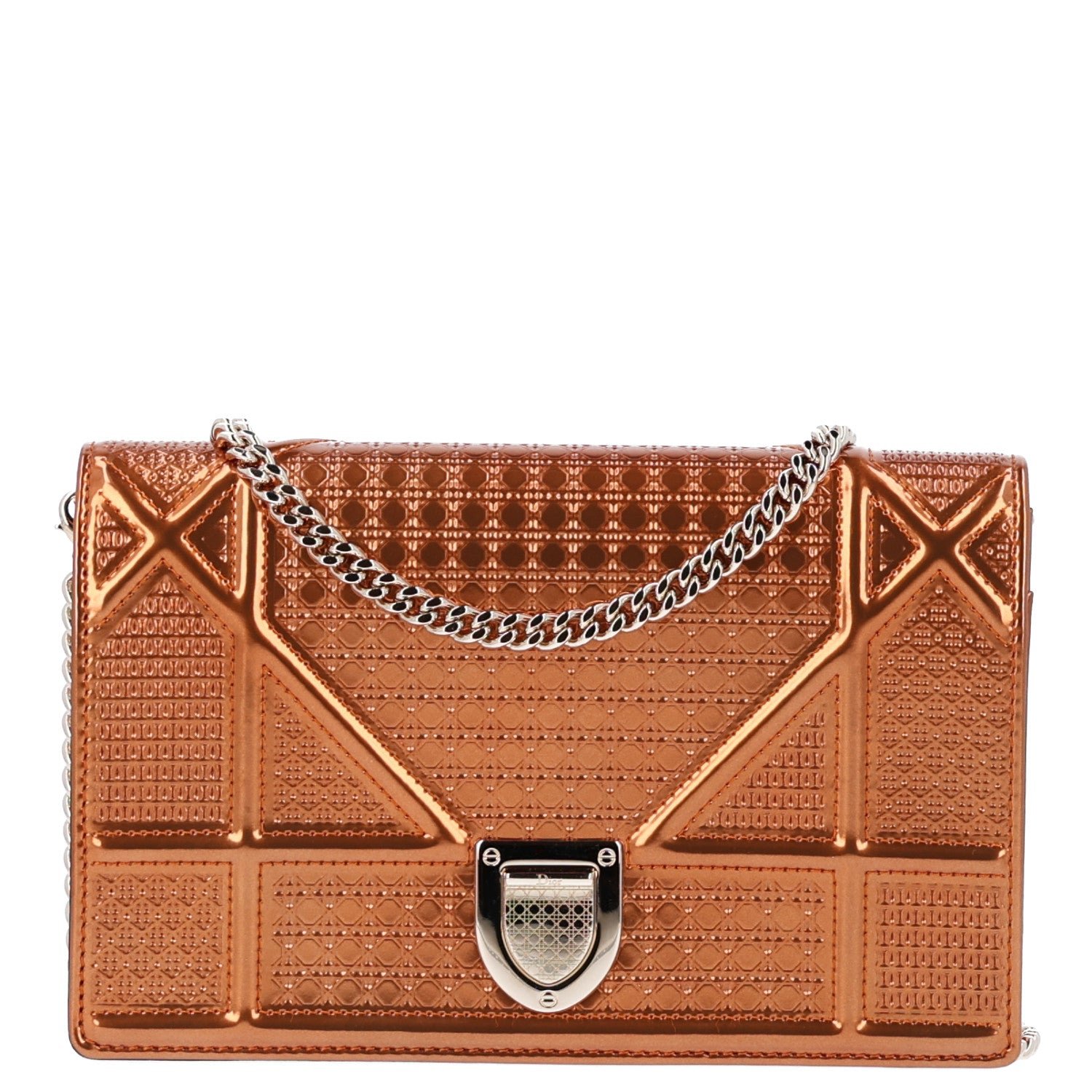 Christian Dior Metallic Patent Micro-Cannage Diorama Wallet on Chain Pouch Orange