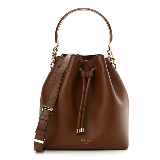 Jimmy Choo Smooth Shiny Calfskin Bon Bon Bucket Bag Dark Tan