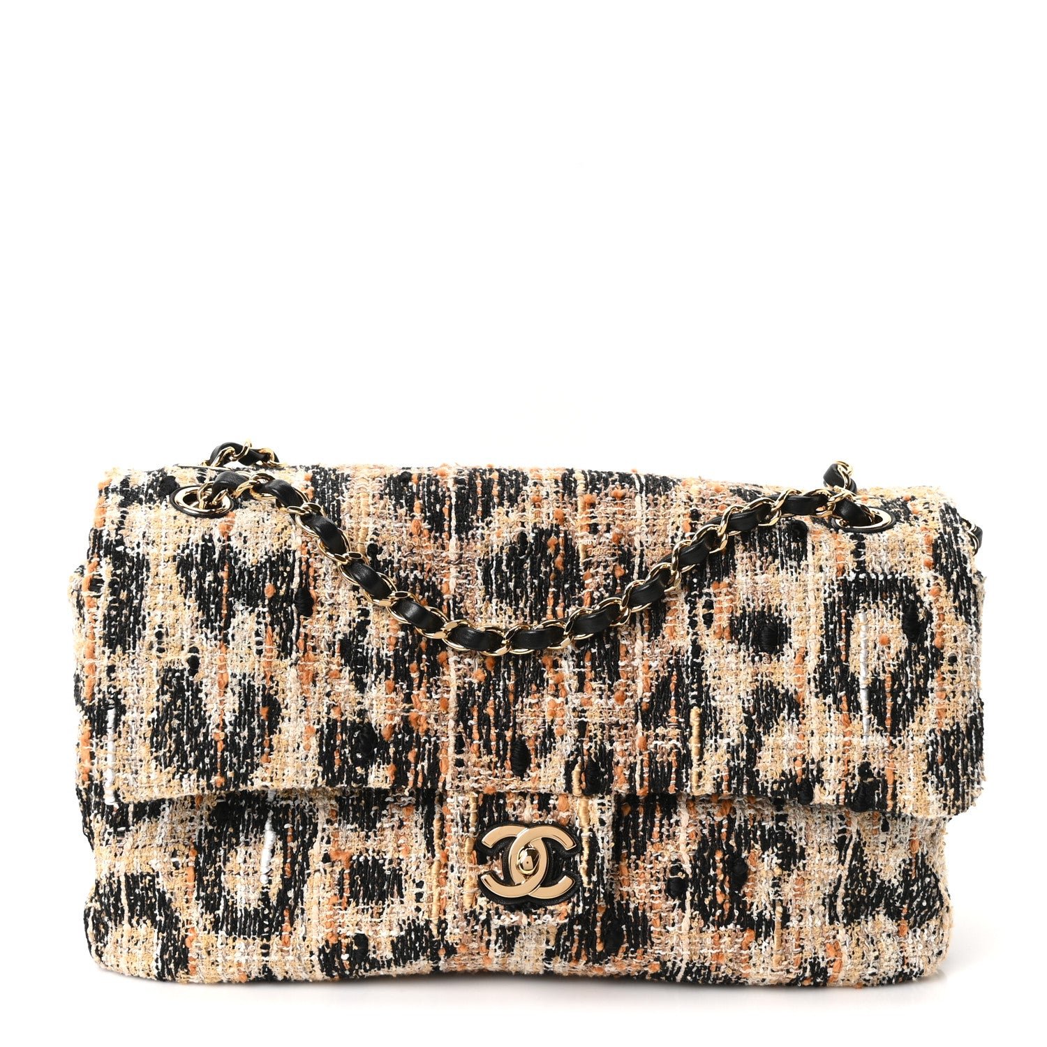 Chanel Tweed Mixed Fibers Leopard Print Small Souplissimo Maxi Flap Brown Black White
