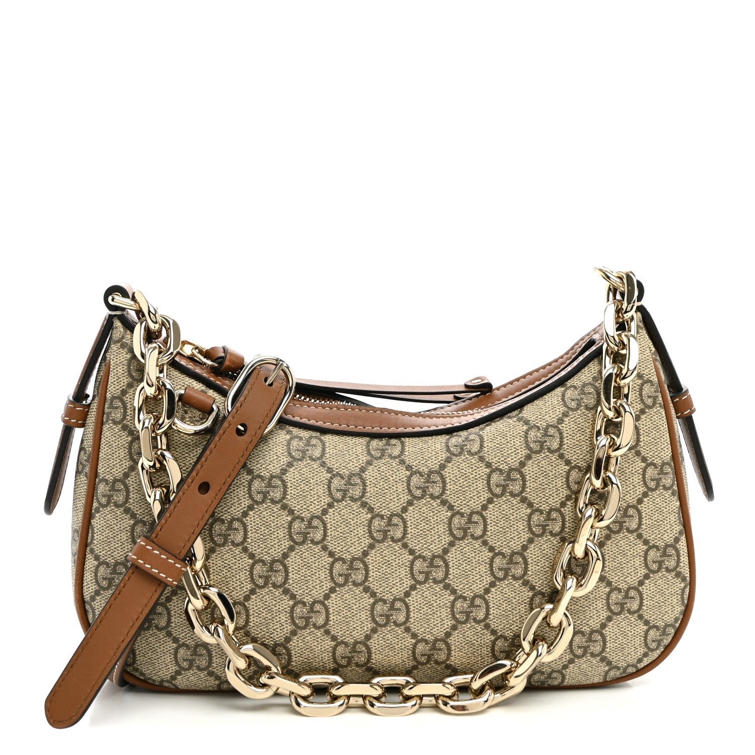 Gucci GG Supreme Monogram Textured Calfskin Small Emblem Shoulder Bag Beige Dark Brown