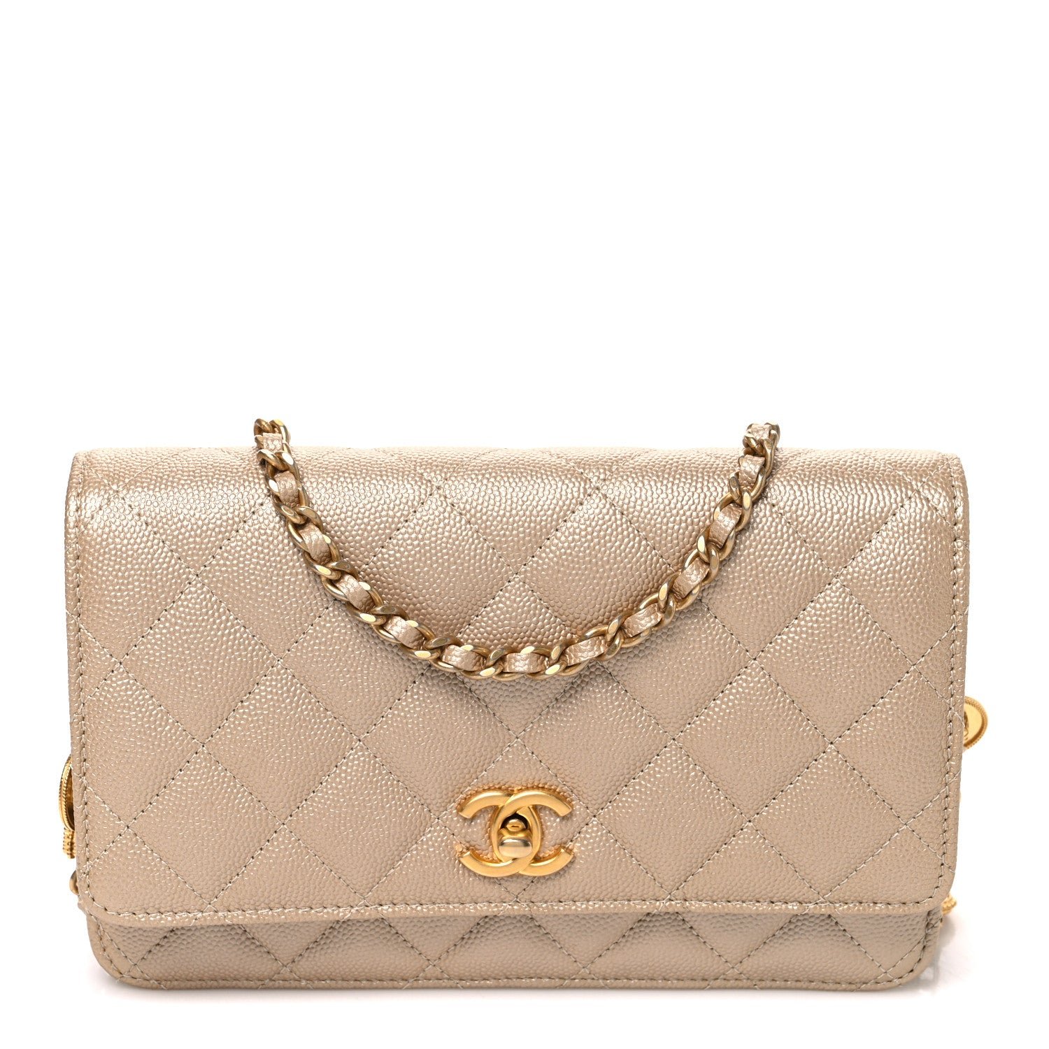 Chanel Metallic Caviar Quilted Coin Wallet On Chain WOC Gold