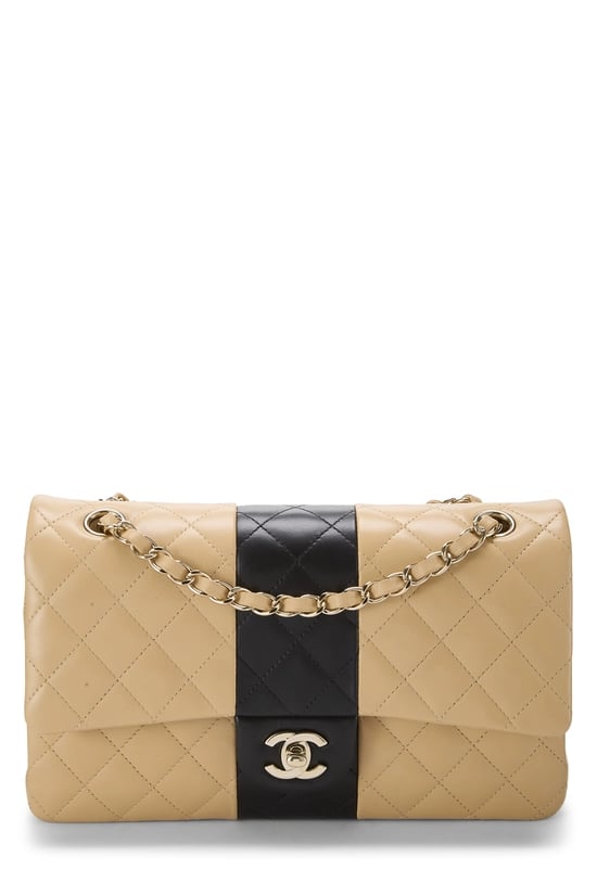 Beige & Black Quilted Lambskin Classic Double Flap Medium
