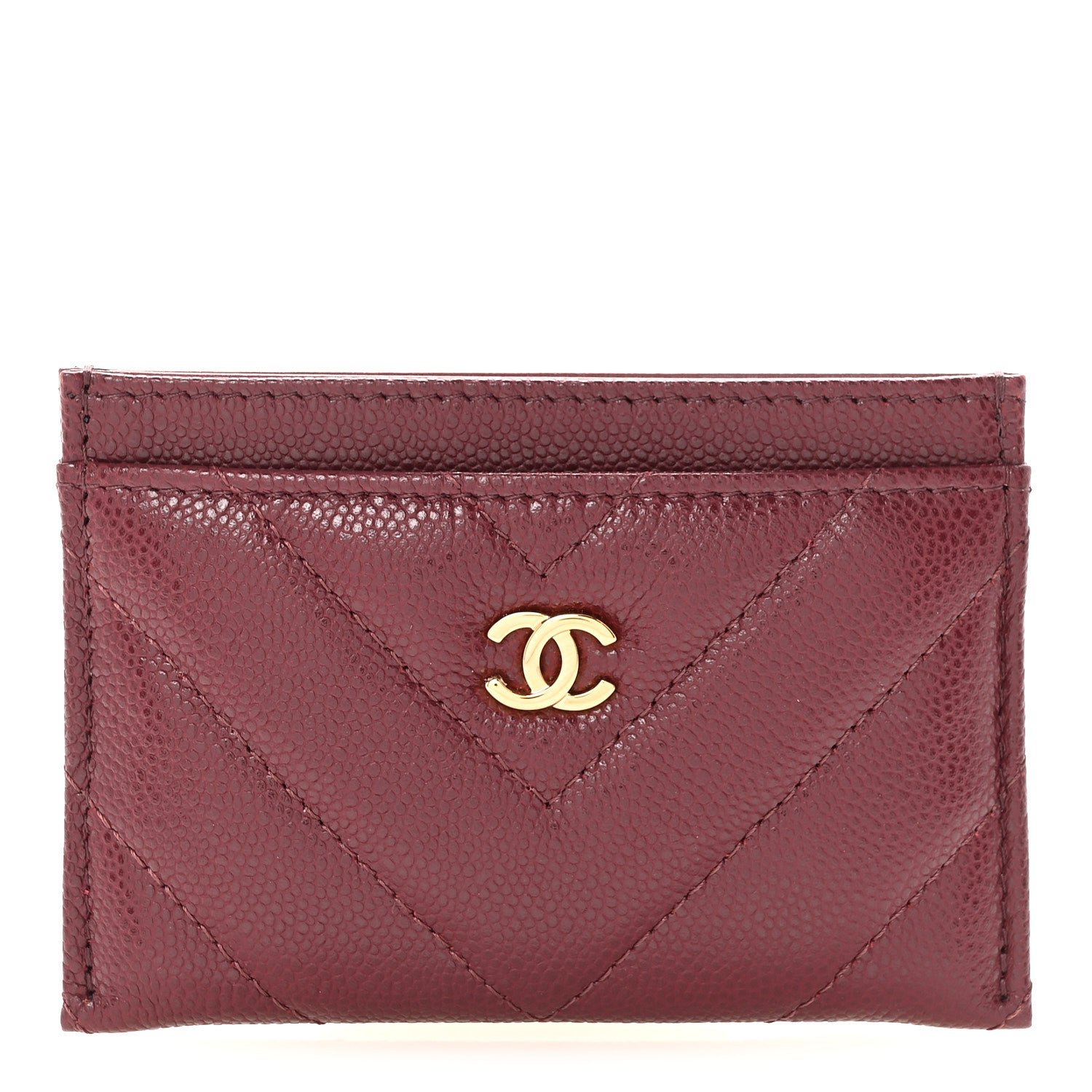 Chanel Shiny Caviar Chevron Quilted Card Holder Dark Burgundy