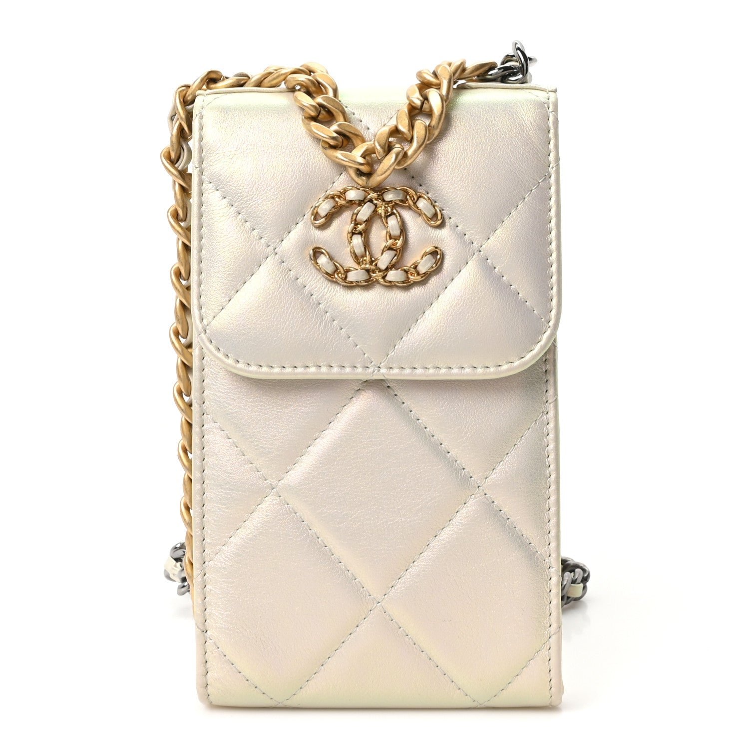 Chanel Iridescent Calfskin Quilted Chanel 19 Phone Holder With Chain White
