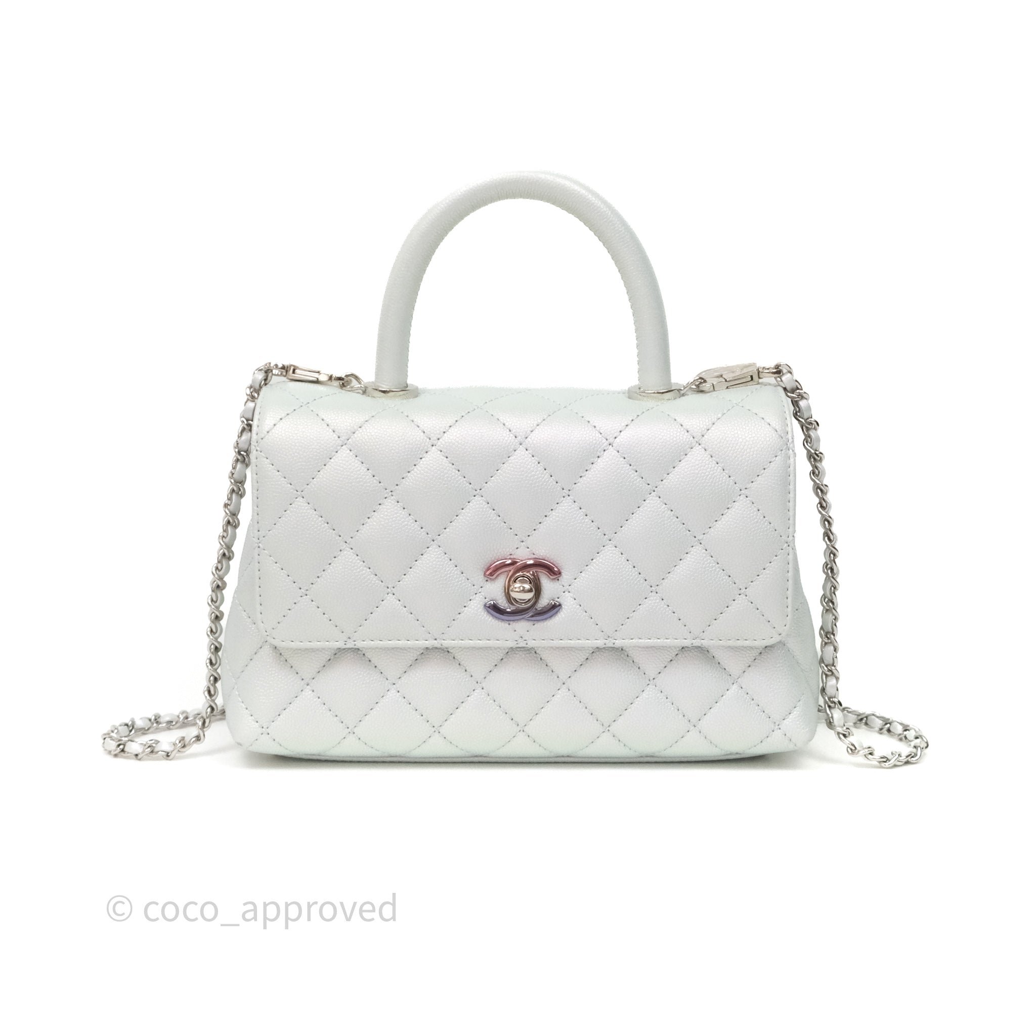 Chanel Small Coco Handle Quilted Iridescent Light Blue Caviar Rainbow Hardware