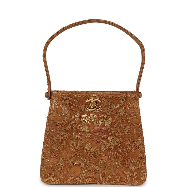 Vintage Chanel Mini Double Side Turnlock Bag Dark Gold Jacquard Lace, Satin Gold Hardware