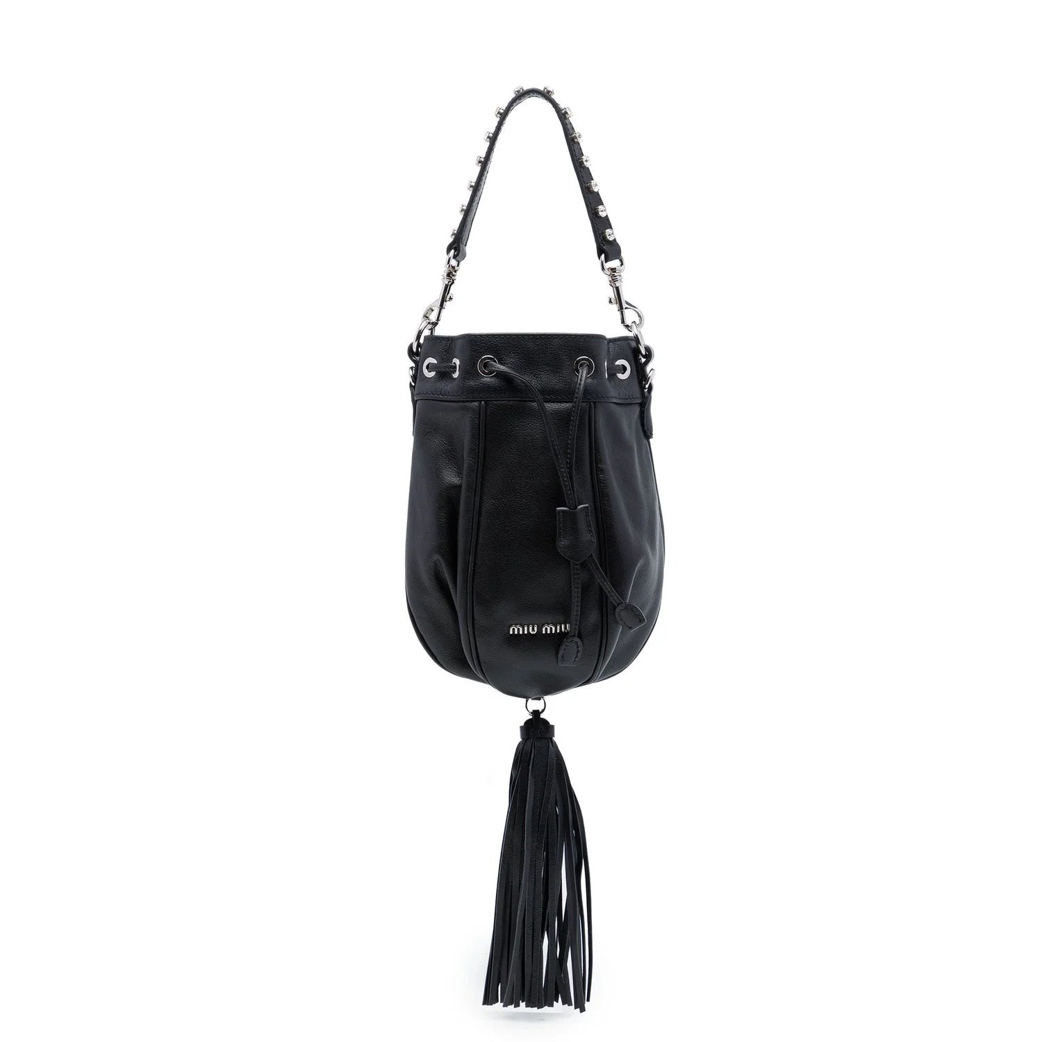 Leather Nappa Crystal Embellished Handle Bucket Bag