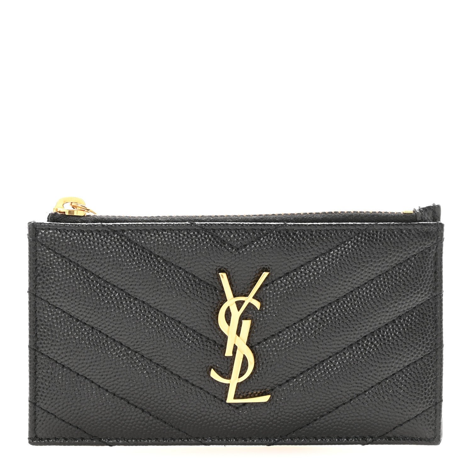 Saint Laurent Grain De Poudre Matelasse Chevron Monogram Fragments Zippered Card Case Black