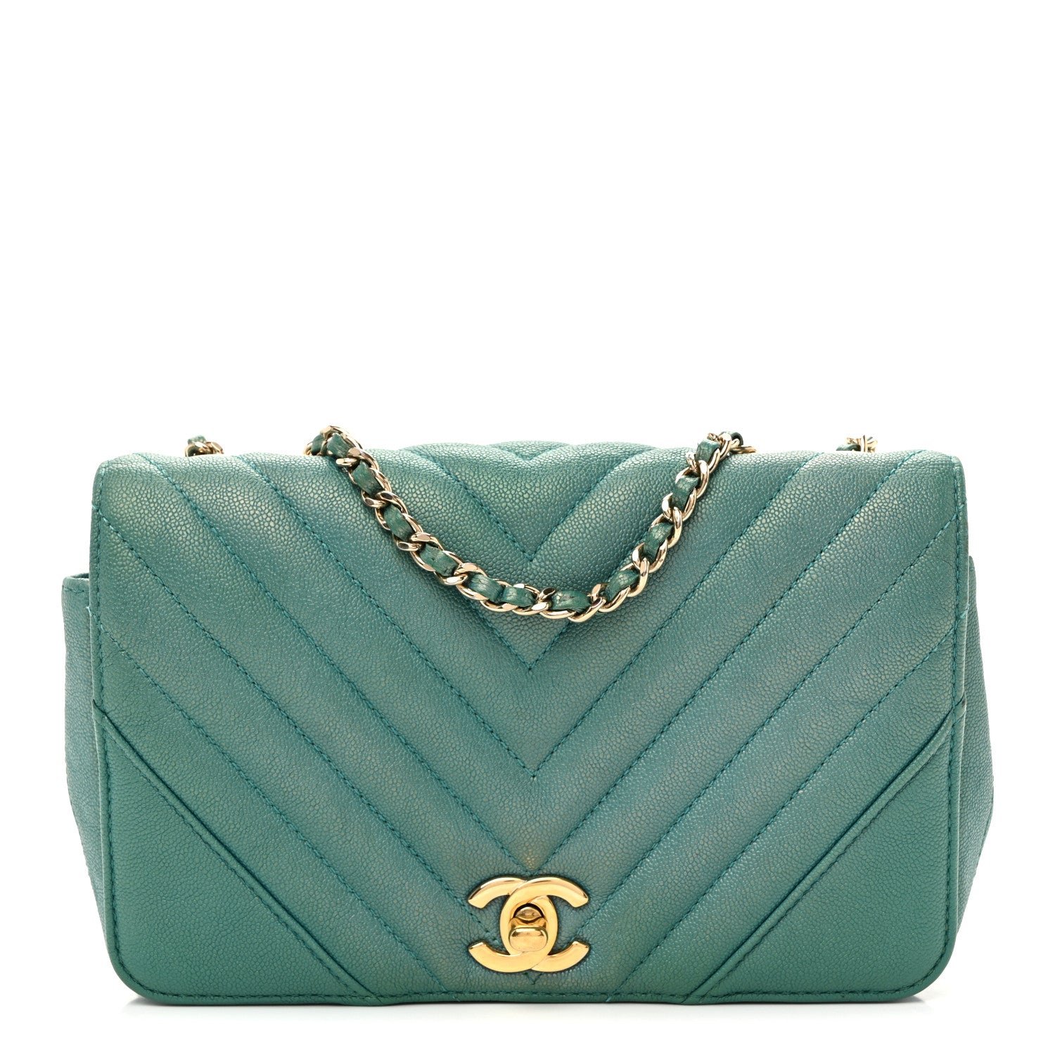 Chanel Metallic Caviar Chevron Quilted Small Statement Flap Turqouise