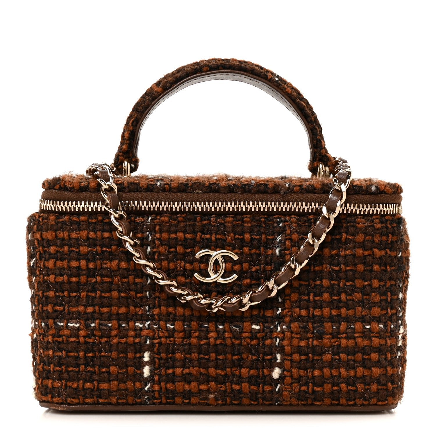 Chanel Tweed Small Top Handle Vanity Case With Chain Brown Multicolor