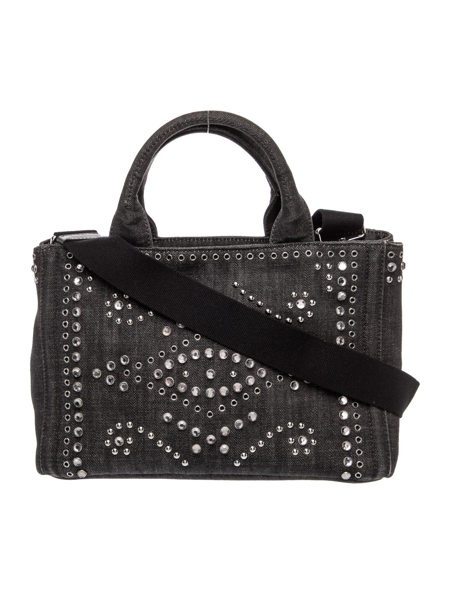 Saffiano Leather Studded and Crystal Acented Grey Denim Top Handle Bag