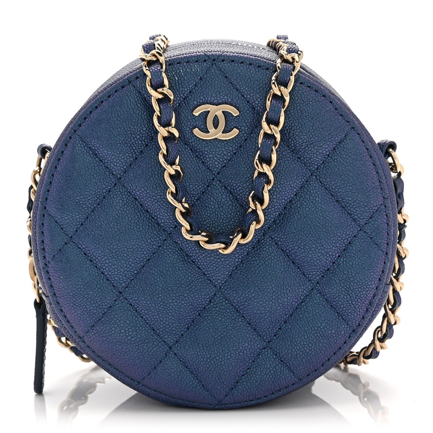 Chanel Iridescent Caviar Quilted Round Clutch With Chain Blue