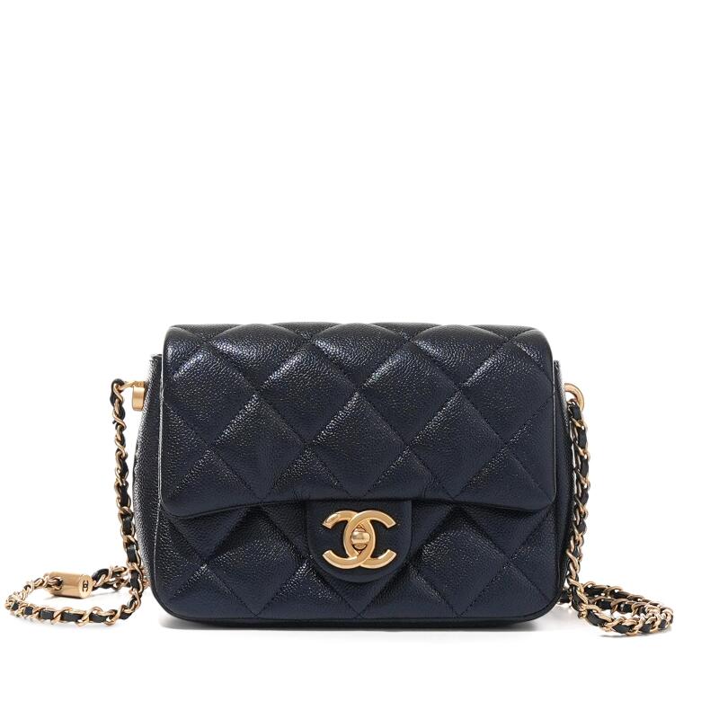Chanel Navy Quilted Caviar Flap Bag with Adjustable Chain Brushed Gold Hardware