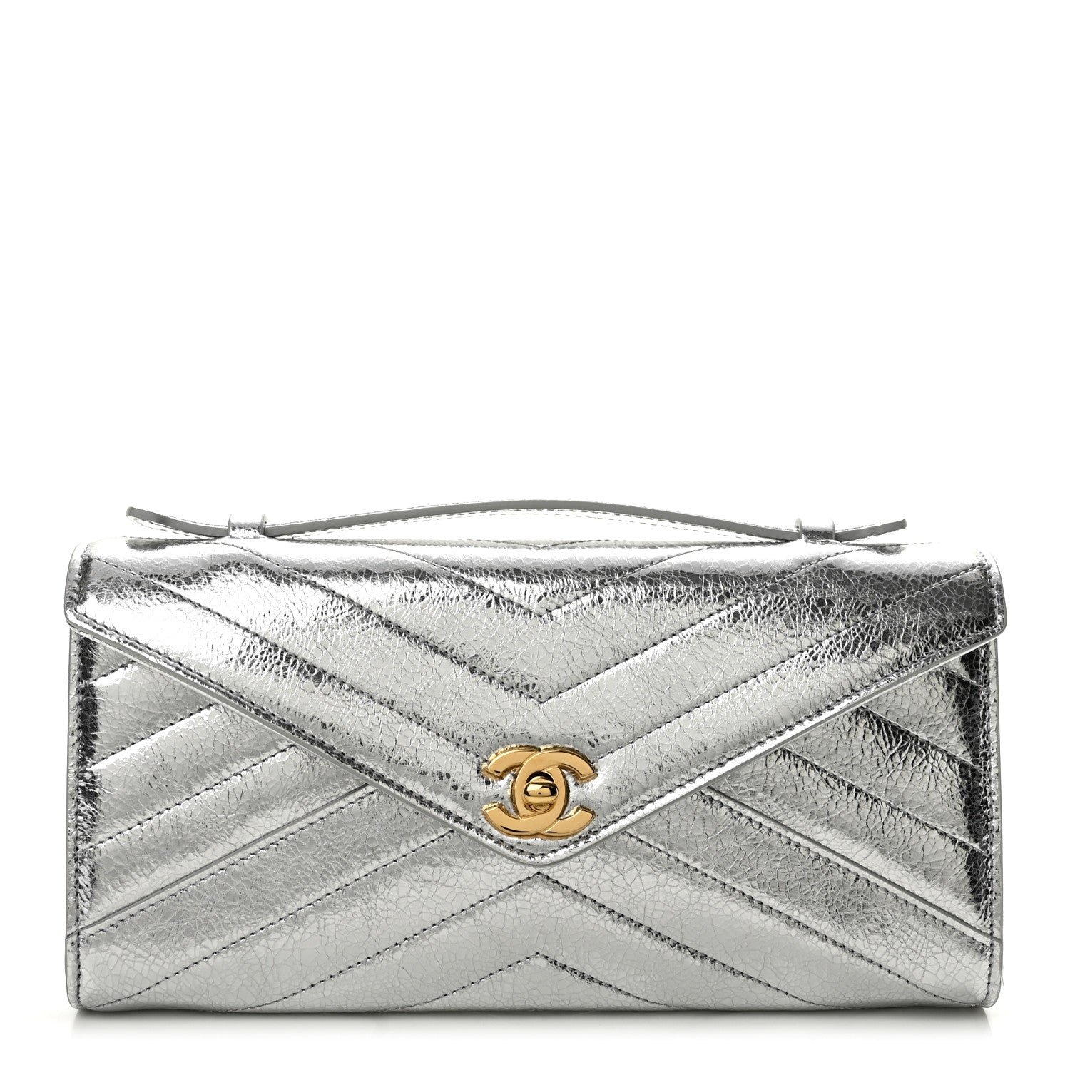 Chanel Metallic Aged Calfskin Chevron Quilted Top Handle Envelope Clutch Silver